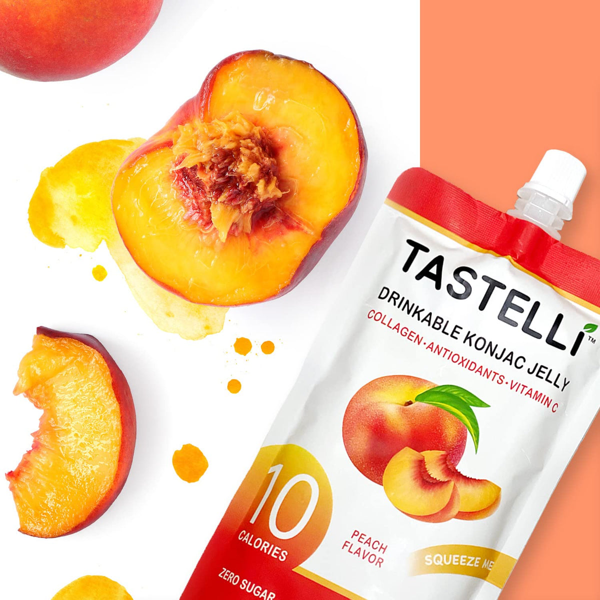 Tastelli Konjac Jelly Peach – Collagen + Vitamin C, Gluten Free, Sugar Free, Low Calorie | Vegan Drinkable Jelly Snack (150mL x 10)