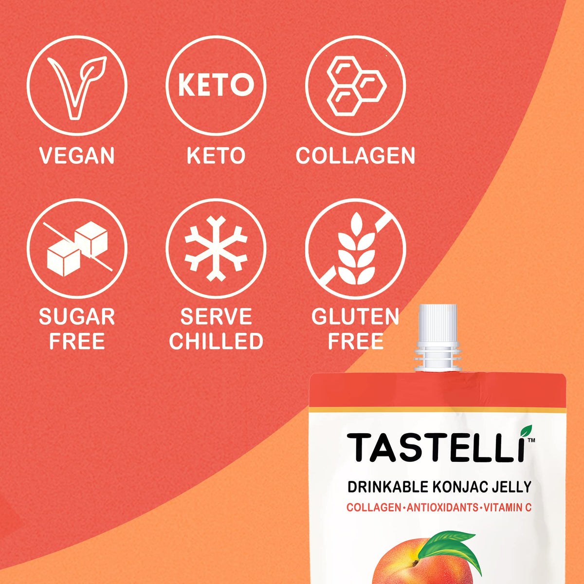Tastelli Konjac Jelly Peach – Collagen + Vitamin C, Gluten Free, Sugar Free, Low Calorie | Vegan Drinkable Jelly Snack (150mL x 10)