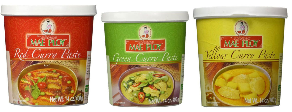 Mae Ploy Red, Green & Yellow Curry Paste Set | TastePadThai Gift Idea