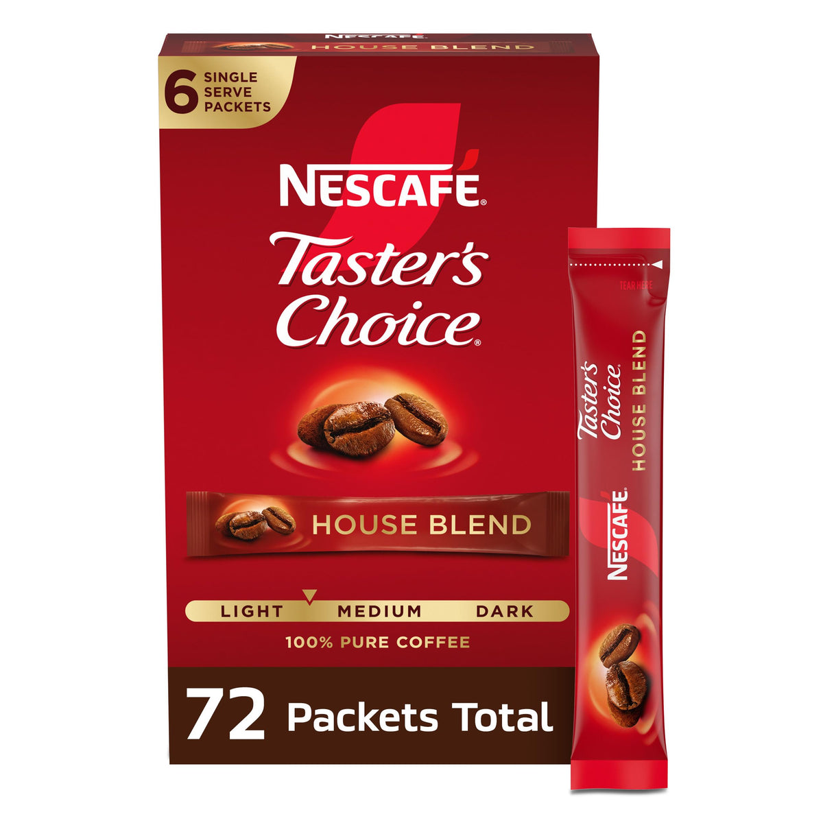 NESCAFÉ Taster's Choice House Blend Instant Coffee — Light/Medium Roast, 72 Packets (12 Boxes)