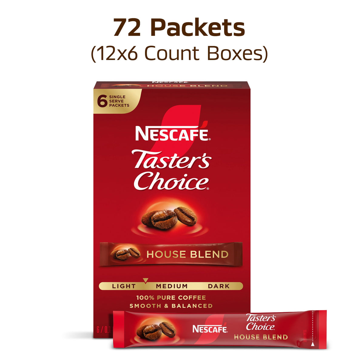 NESCAFÉ Taster's Choice House Blend Instant Coffee — Light/Medium Roast, 72 Packets (12 Boxes)