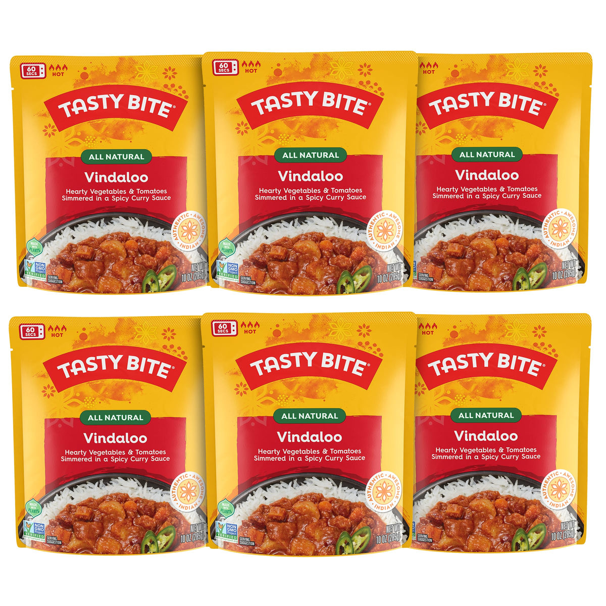 TASTY BITE Hot & Spicy Vindaloo — 10 oz, Pack of 6, Ready-to-Eat Microwave Indian Entree (Vegetarian)
