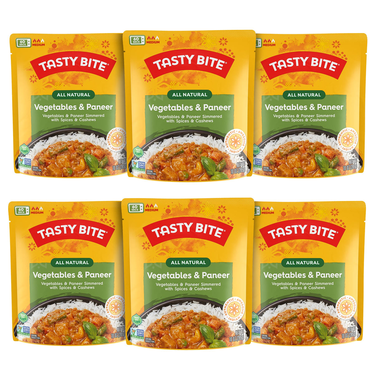 TASTY BITE Indian Vegetables & Paneer – Microwaveable Ready-to-Eat Entrée, 6 Pack, 10 oz