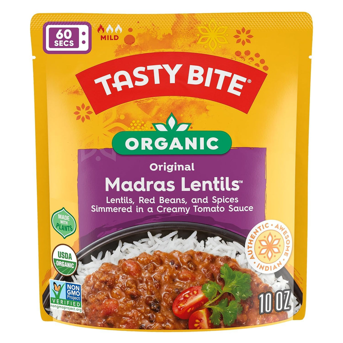 TASTY BITE Organic Madras Lentils – Ready-to-Eat Vegetarian Entree, 6 Pack (10 oz each)