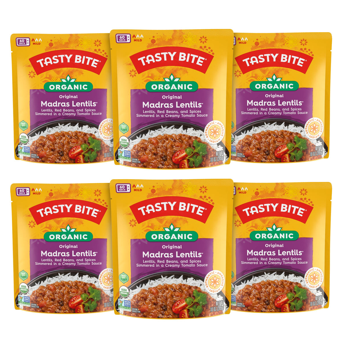TASTY BITE Organic Madras Lentils – Ready-to-Eat Vegetarian Entree, 6 Pack (10 oz each)