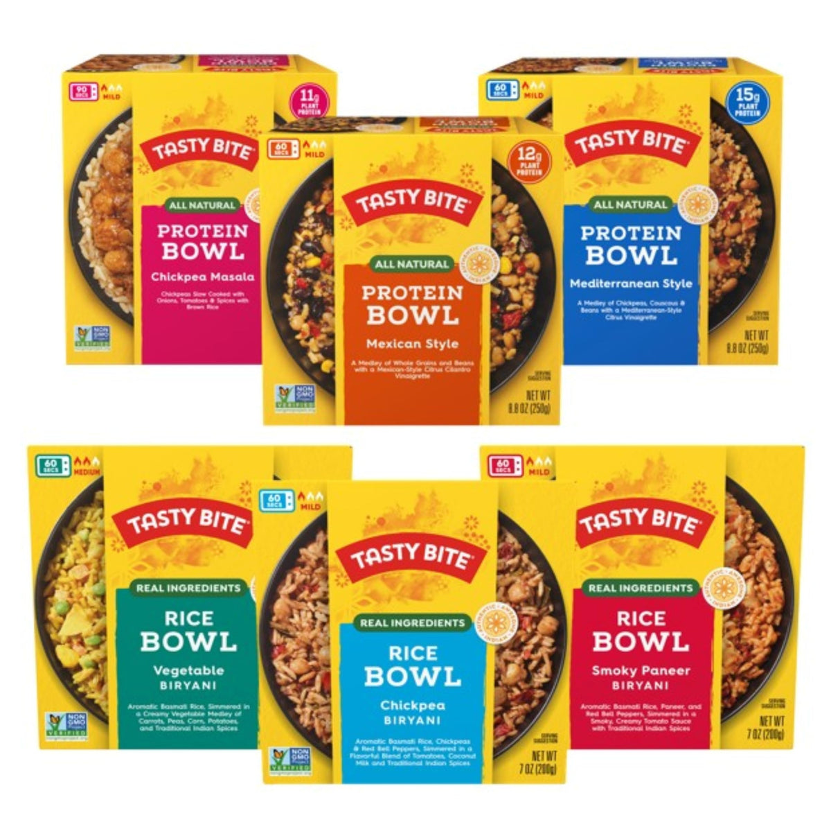 Tasty Bite Bowls Variety Pack (6) — Mexican Protein, Mediterranean Protein, Indian Protein, Chickpea Biryani, Smoky Paneer Biryani, Vegetable Biryani
