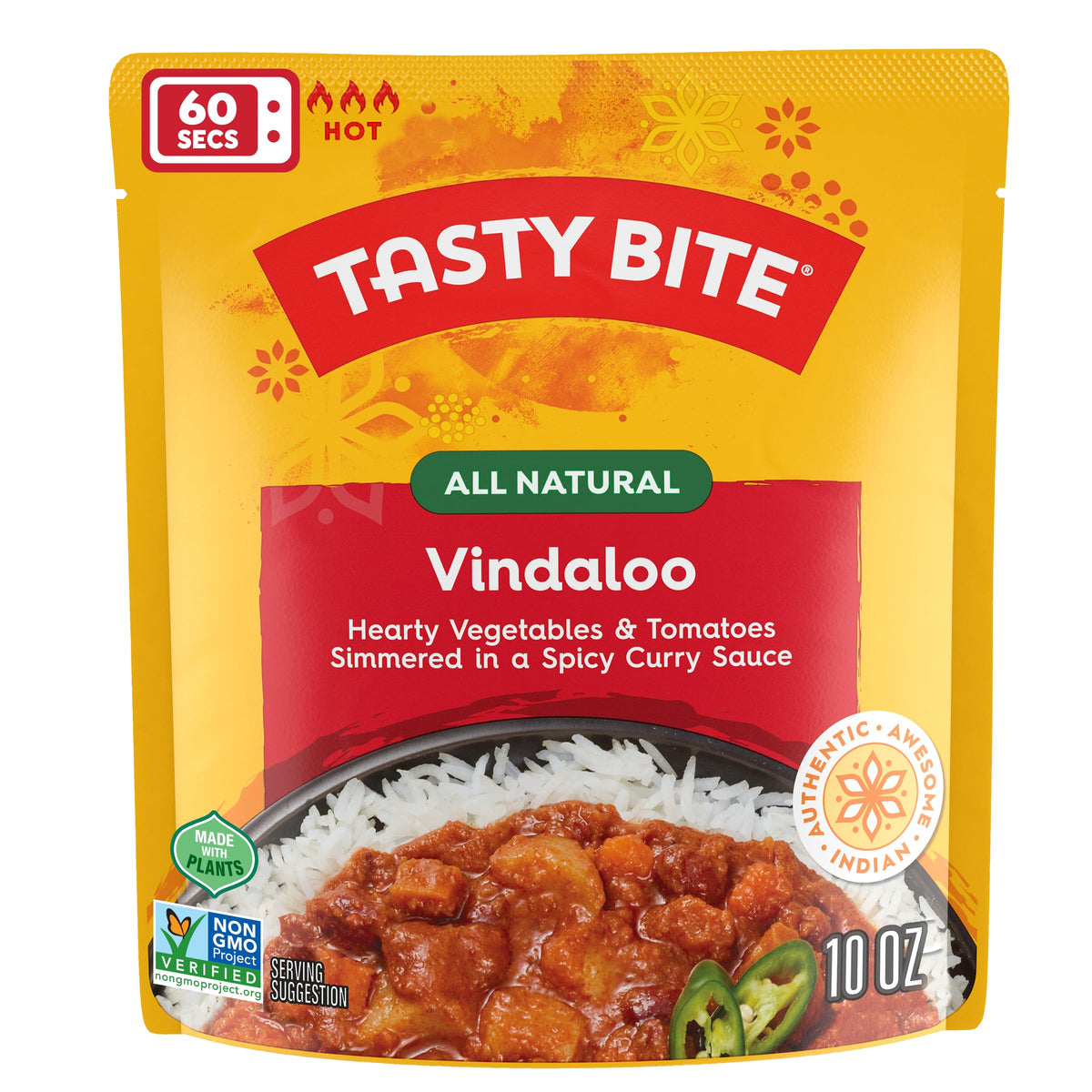 TASTY BITE Hot & Spicy Vindaloo — 10 oz, Pack of 6, Ready-to-Eat Microwave Indian Entree (Vegetarian)
