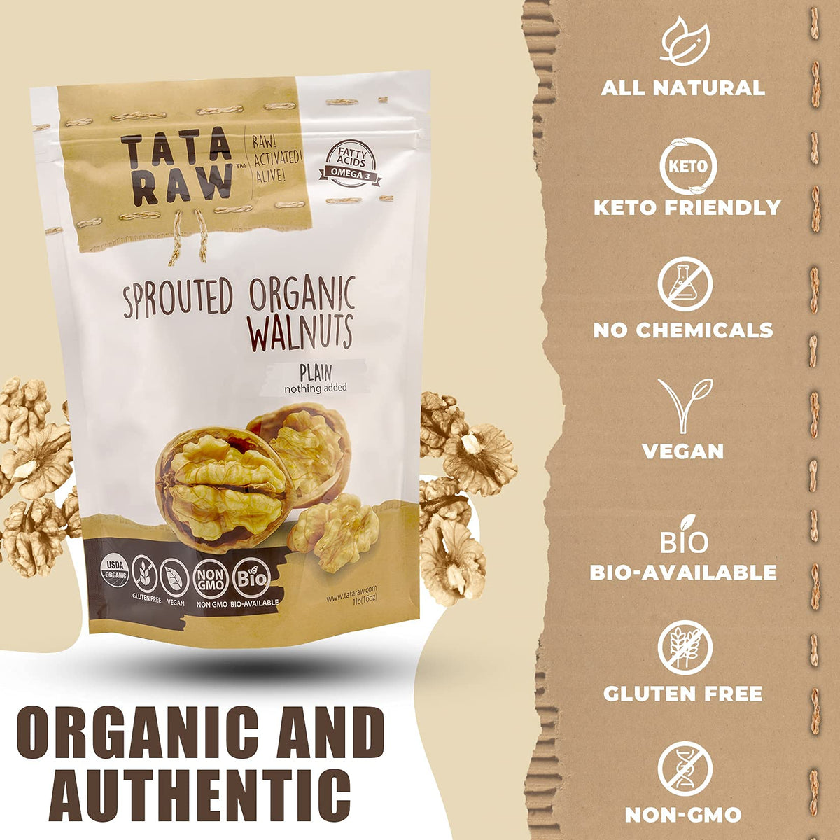 TATA RAW Sprouted Organic Walnuts – Plain, Nothing Added | Soaked & Air-Dried 1 lb