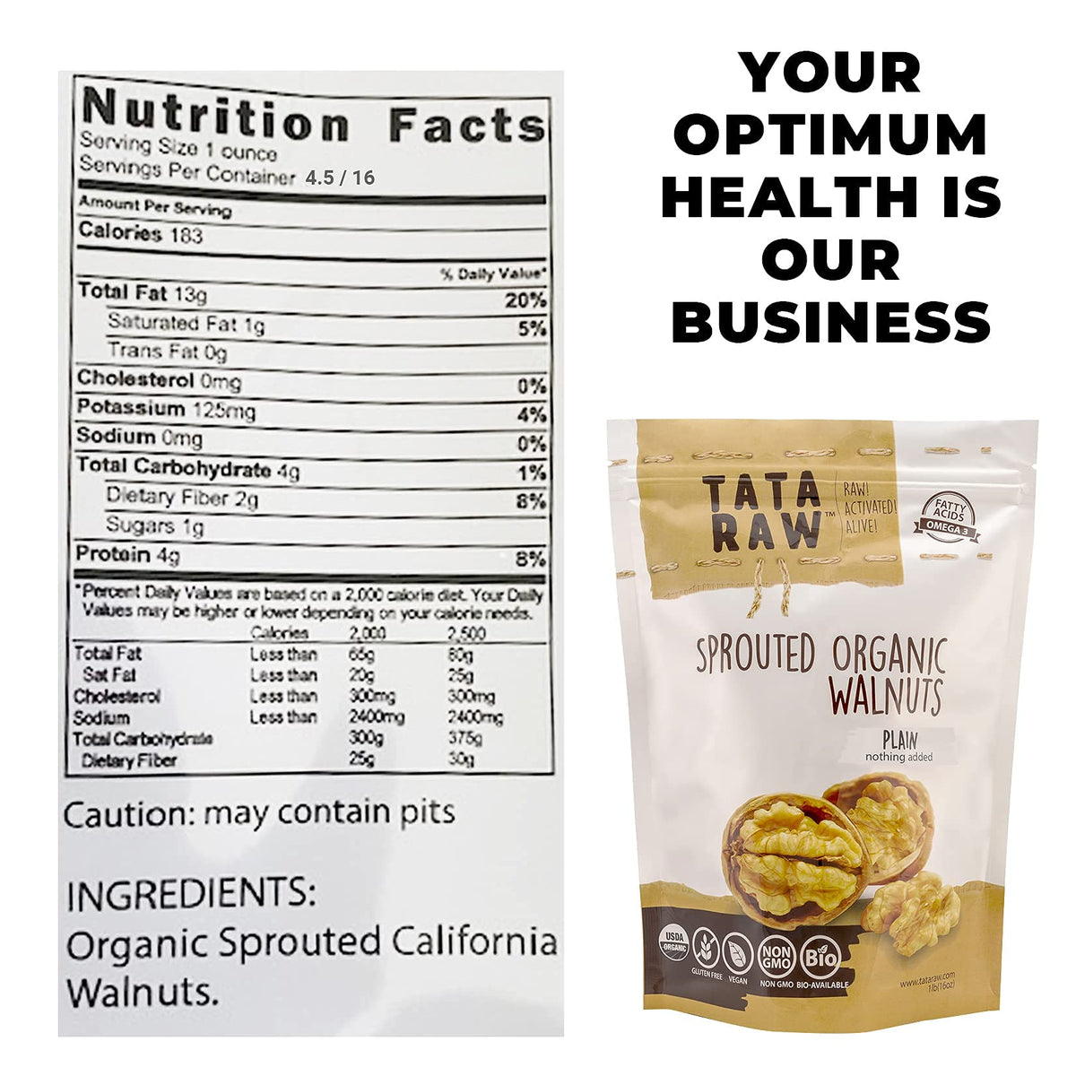 TATA RAW Sprouted Organic Walnuts – Plain, Nothing Added | Soaked & Air-Dried 1 lb