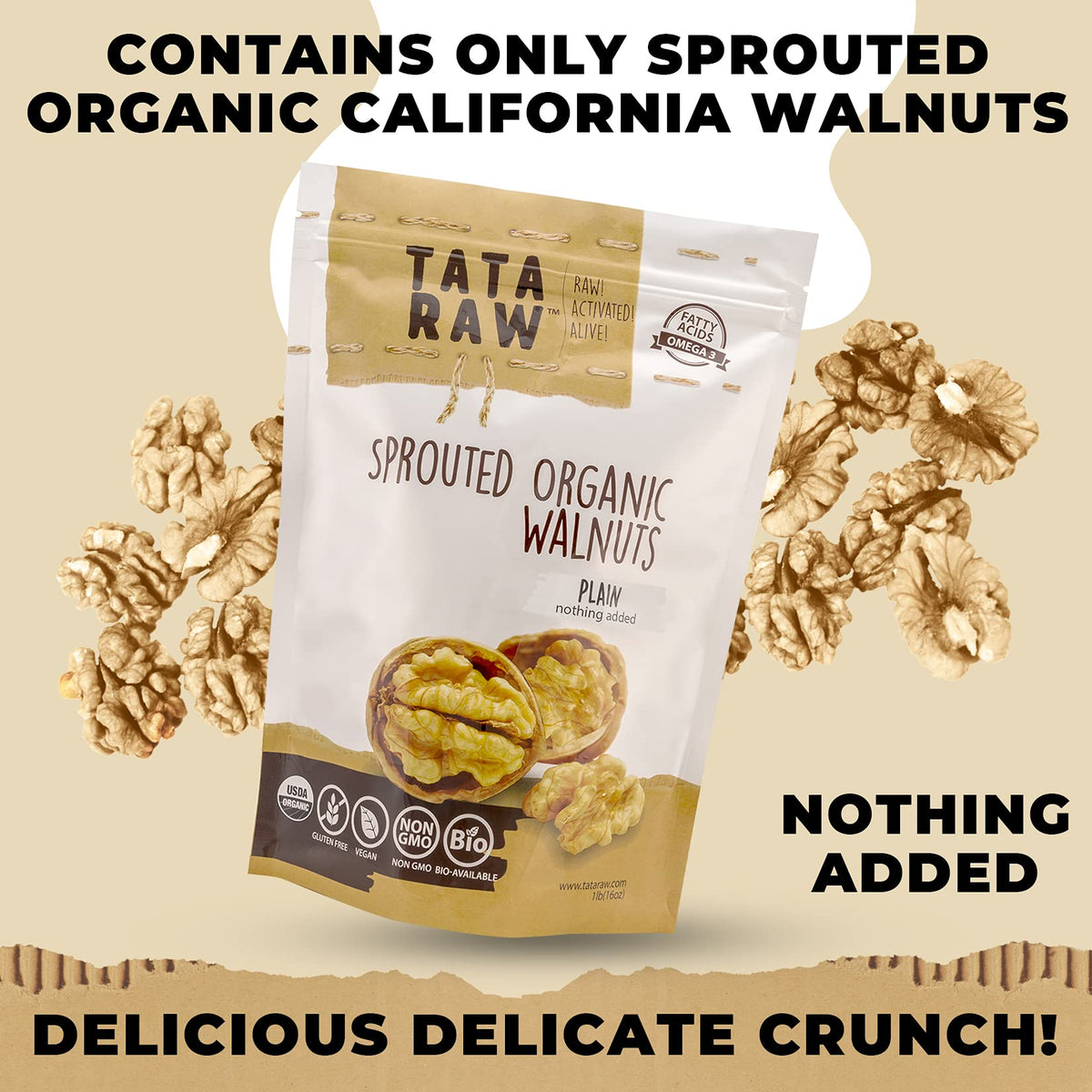 TATA RAW Sprouted Organic Walnuts – Plain, Nothing Added | Soaked & Air-Dried 1 lb