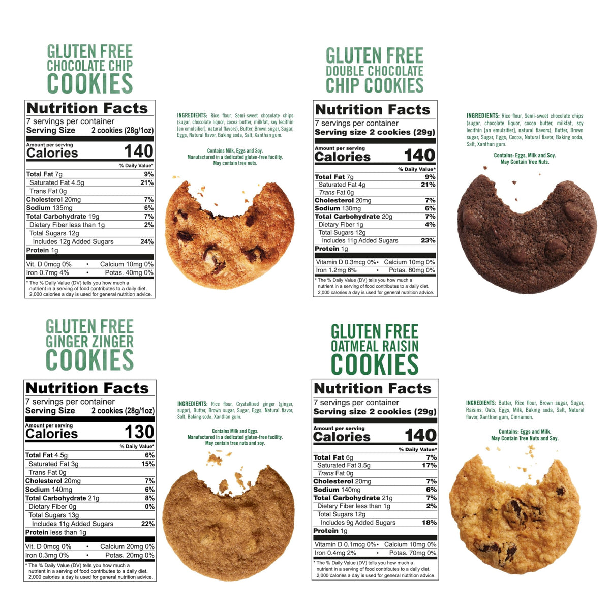 Tate's Bake Shop Gluten Free Cookies Variety Pack – Oatmeal Raisin, Ginger Zinger, Double Chocolate Chip & Chocolate Chip (4 x 7 oz)