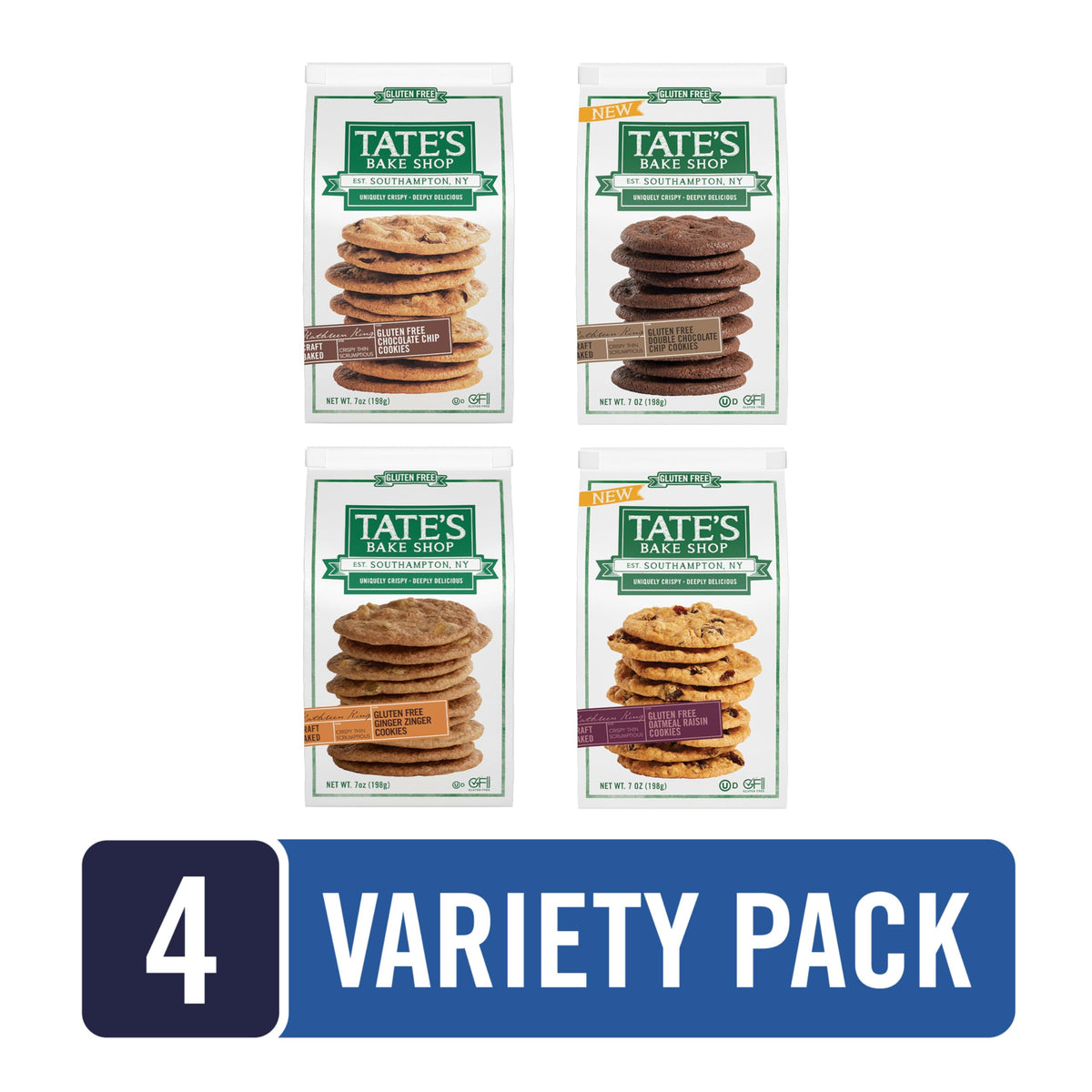 Tate's Bake Shop Gluten Free Cookies Variety Pack – Oatmeal Raisin, Ginger Zinger, Double Chocolate Chip & Chocolate Chip (4 x 7 oz)