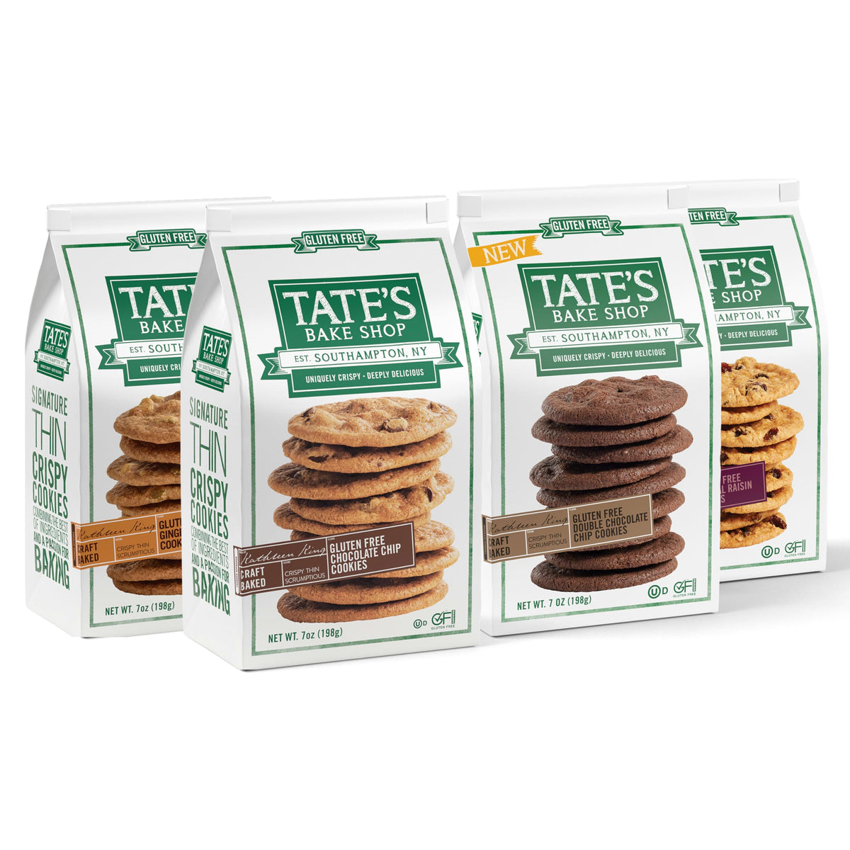 Tate's Bake Shop Gluten Free Cookies Variety Pack – Oatmeal Raisin, Ginger Zinger, Double Chocolate Chip & Chocolate Chip (4 x 7 oz)