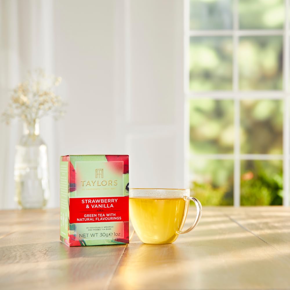 Taylors of Harrogate Strawberry and Vanilla Green Tea – 120 Tea Bags Total, Pack of 6, Individually Wrapped