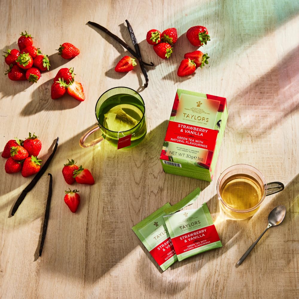 Taylors of Harrogate Strawberry and Vanilla Green Tea – 120 Tea Bags Total, Pack of 6, Individually Wrapped