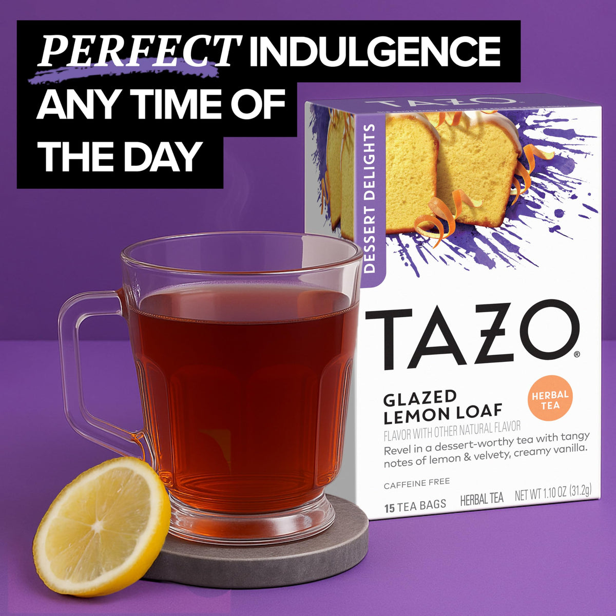 TAZO Glazed Lemon Loaf Herbal Tea Bags – Caffeine-Free Dessert Delights, 90 Bags (Pack of 6)