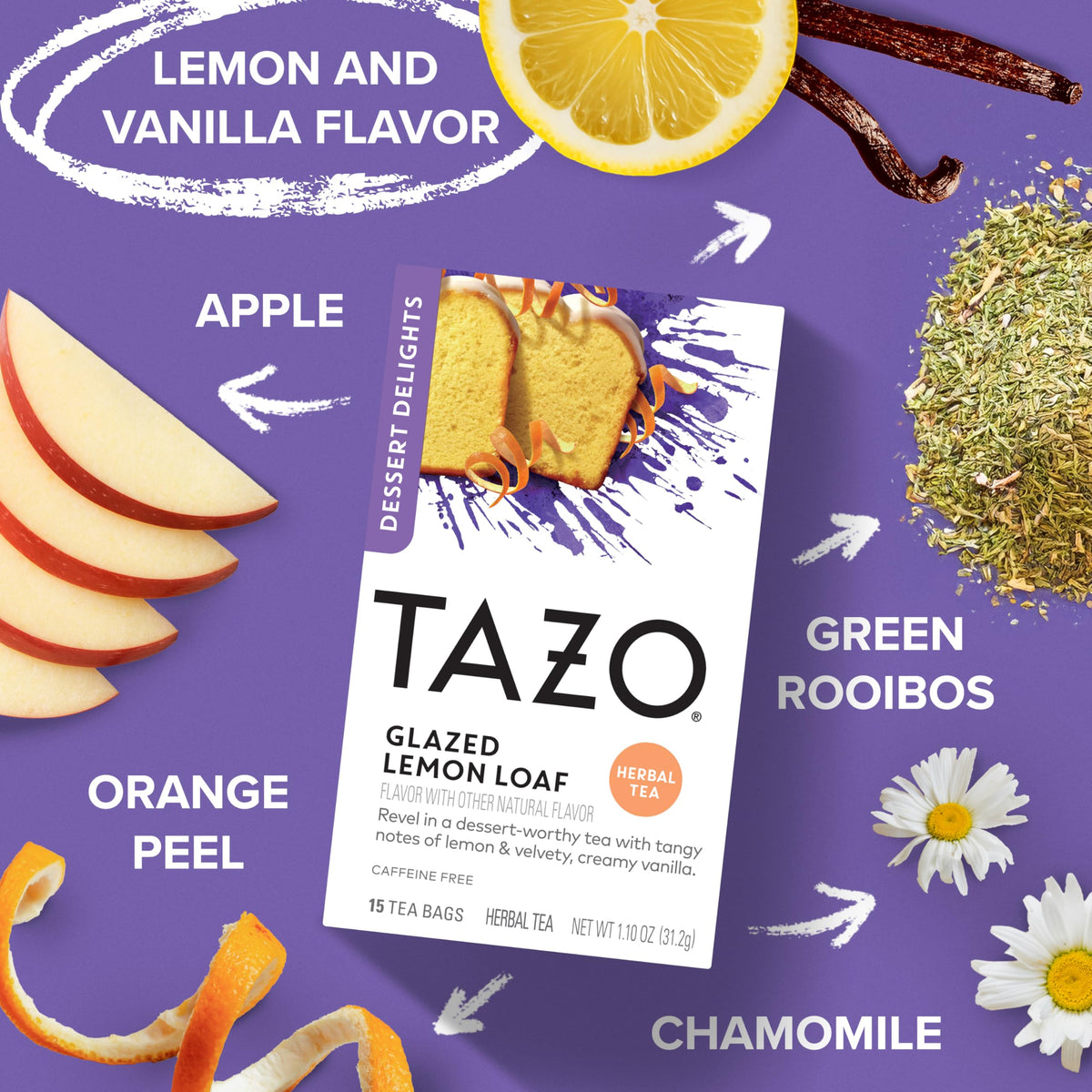 TAZO Glazed Lemon Loaf Herbal Tea Bags – Caffeine-Free Dessert Delights, 90 Bags (Pack of 6)