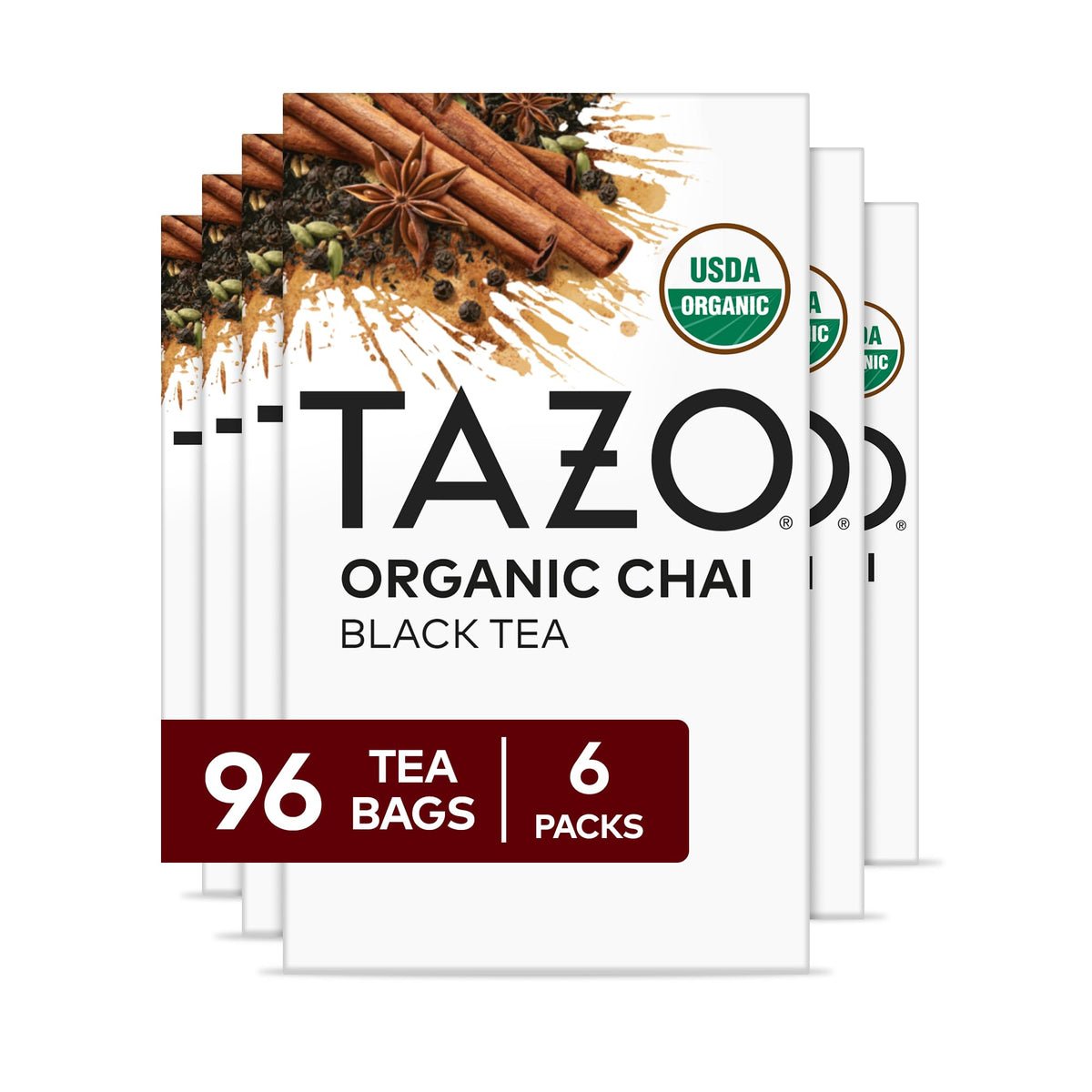 TAZO Organic Chai Black Tea Bags – 96 Count (6x16ct) | Bold Spice Blend & 31–45 mg Caffeine