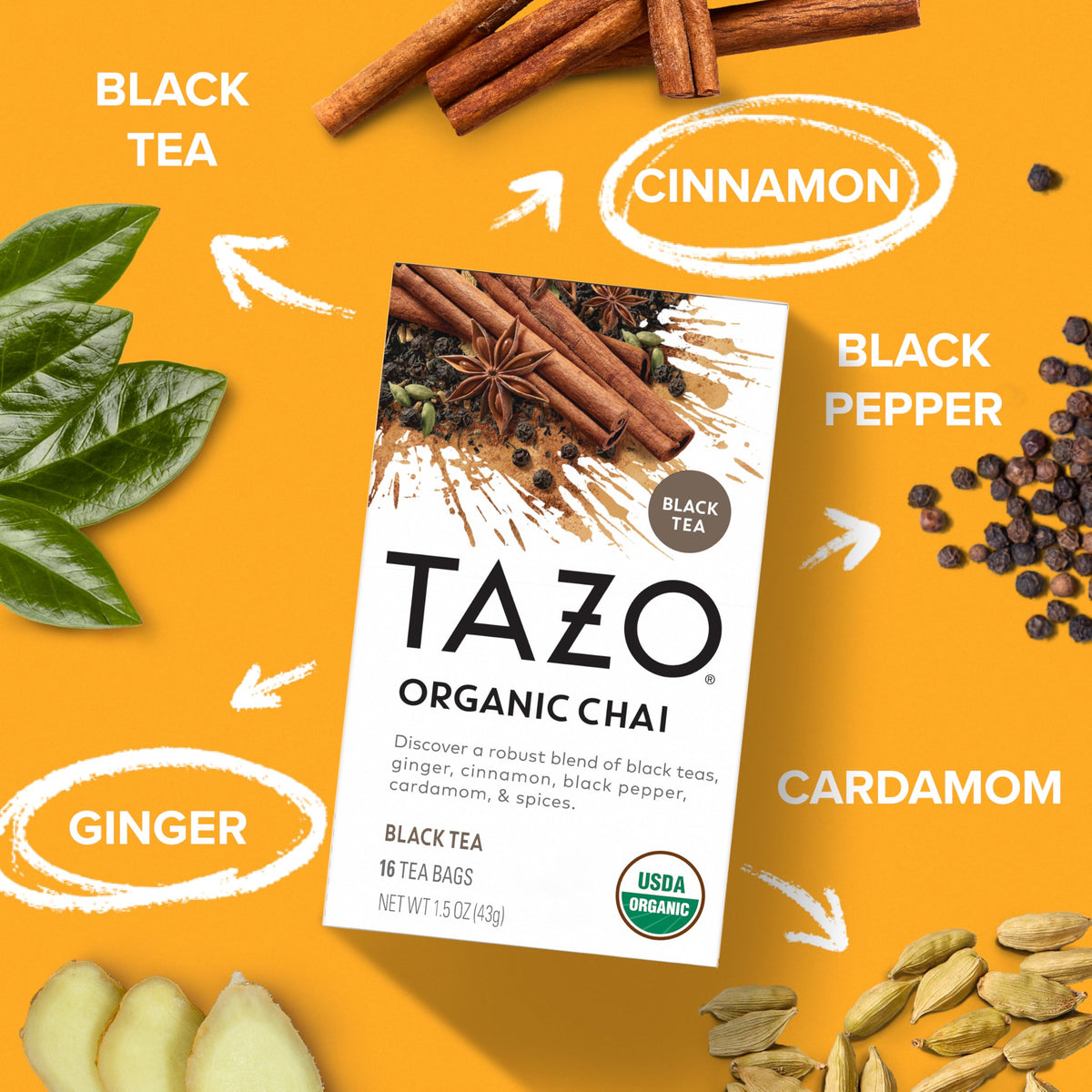 TAZO Organic Chai Black Tea Bags – 96 Count (6x16ct) | Bold Spice Blend & 31–45 mg Caffeine