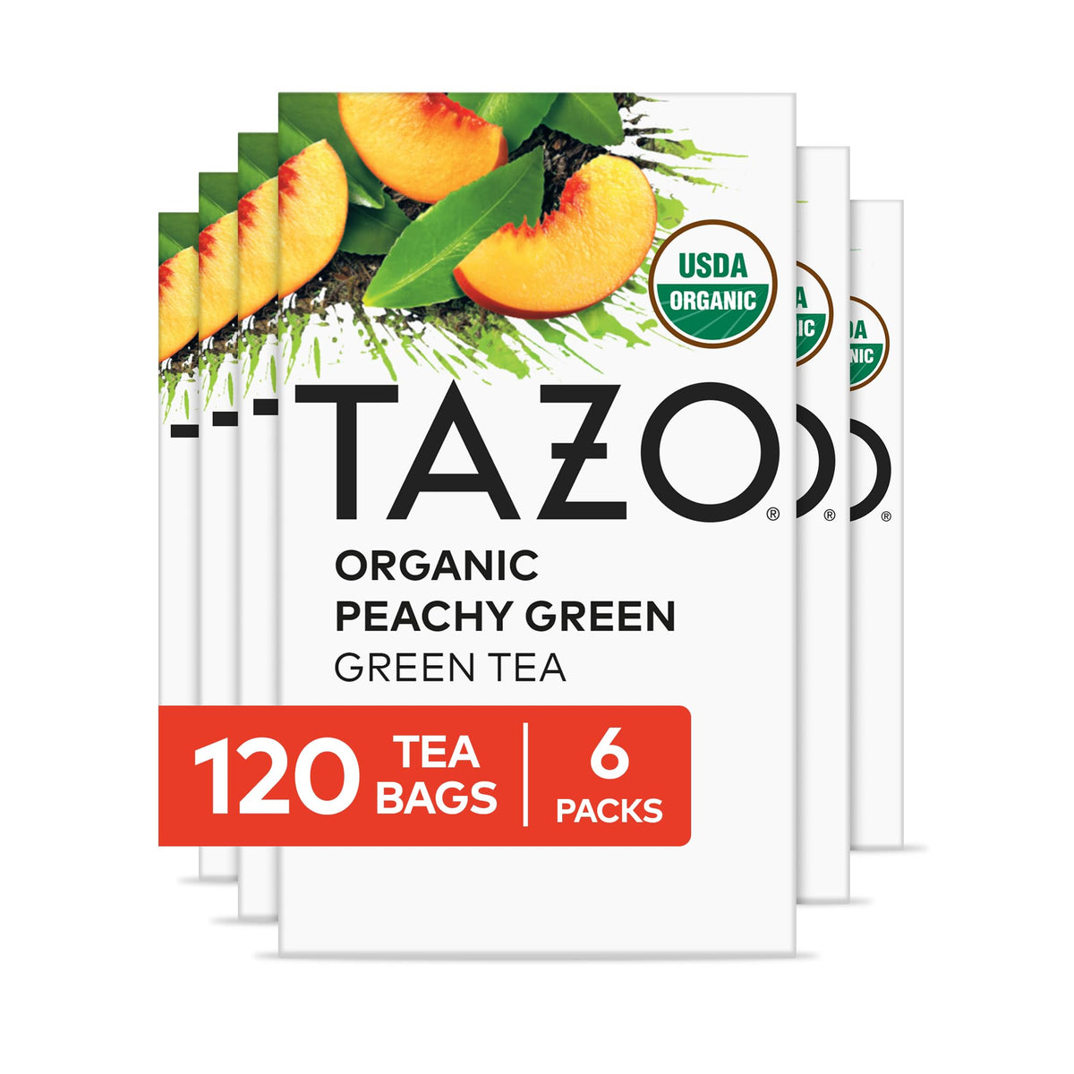 TAZO Organic Peachy Green Tea Bags – Peachy Green Tea Blend with Peach & Mint, Caffeinated, 120 Bags (6 x 20ct)