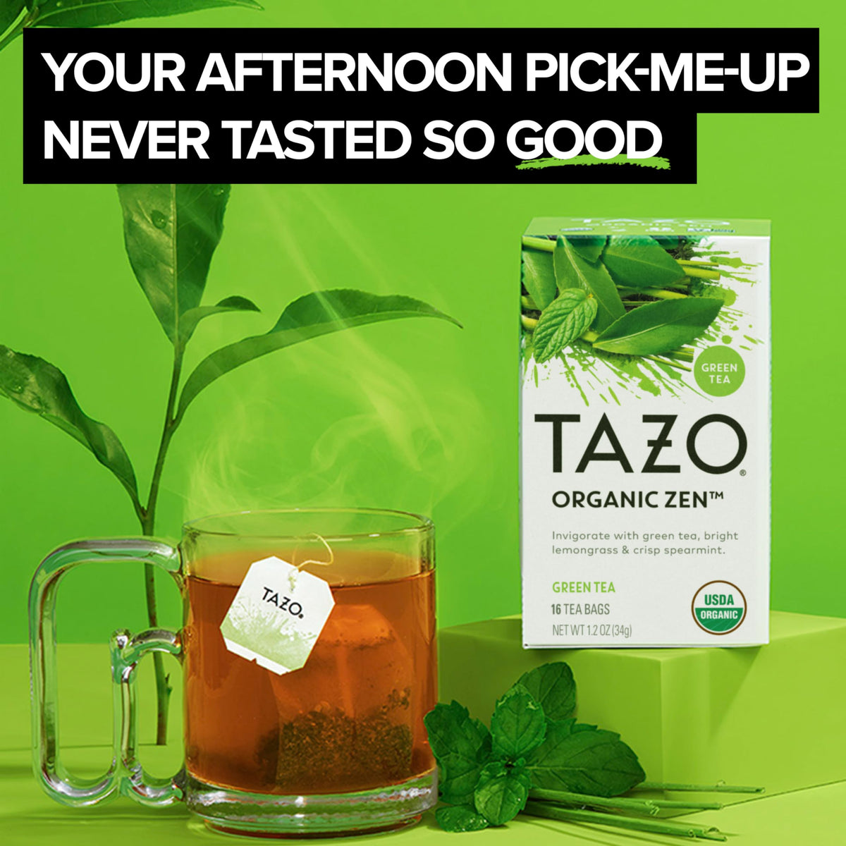 TAZO Organic Zen Green Tea Bags – Lemongrass & Spearmint, 96 Teabags (6 x 16)