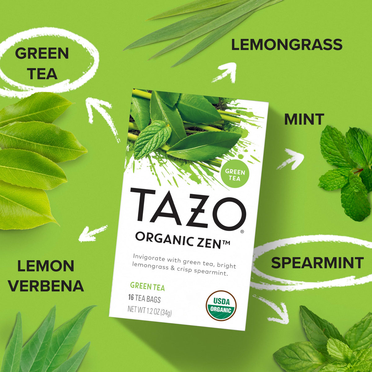 TAZO Organic Zen Green Tea Bags – Lemongrass & Spearmint, 96 Teabags (6 x 16)