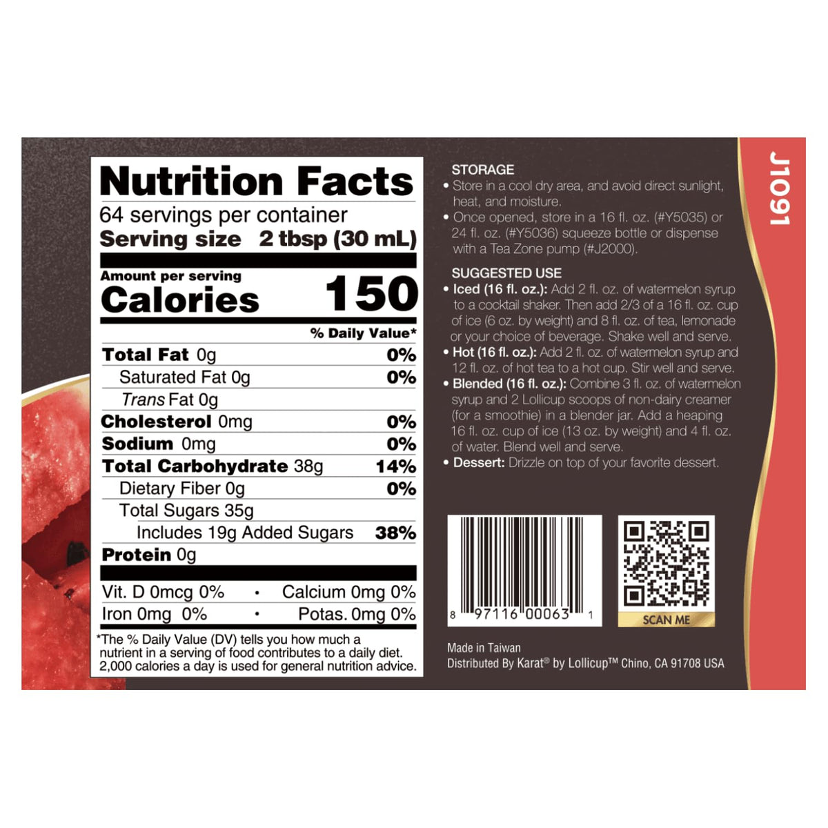 Tea Zone J1091 Watermelon Syrup 64oz – Flavor for Tea, Slushes, Beverages & Cocktails