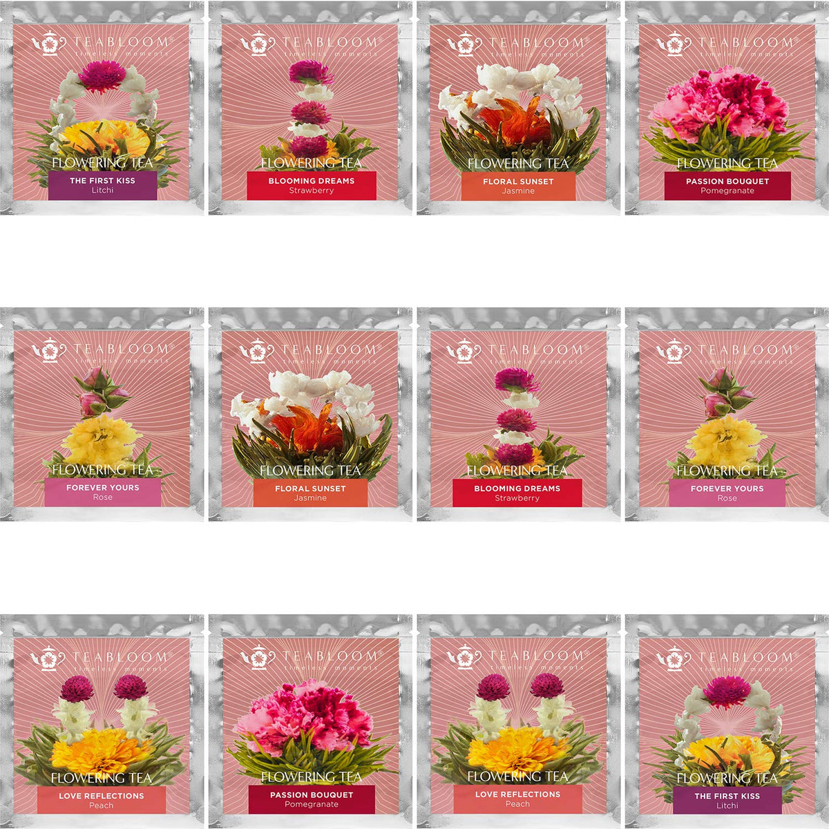 Teabloom Heart-Shaped Flowering Teas – 12 Blooming Tea Flowers Set (Green Tea, Jasmine, Pomegranate, Strawberry, Rose, Lychee & Peach)