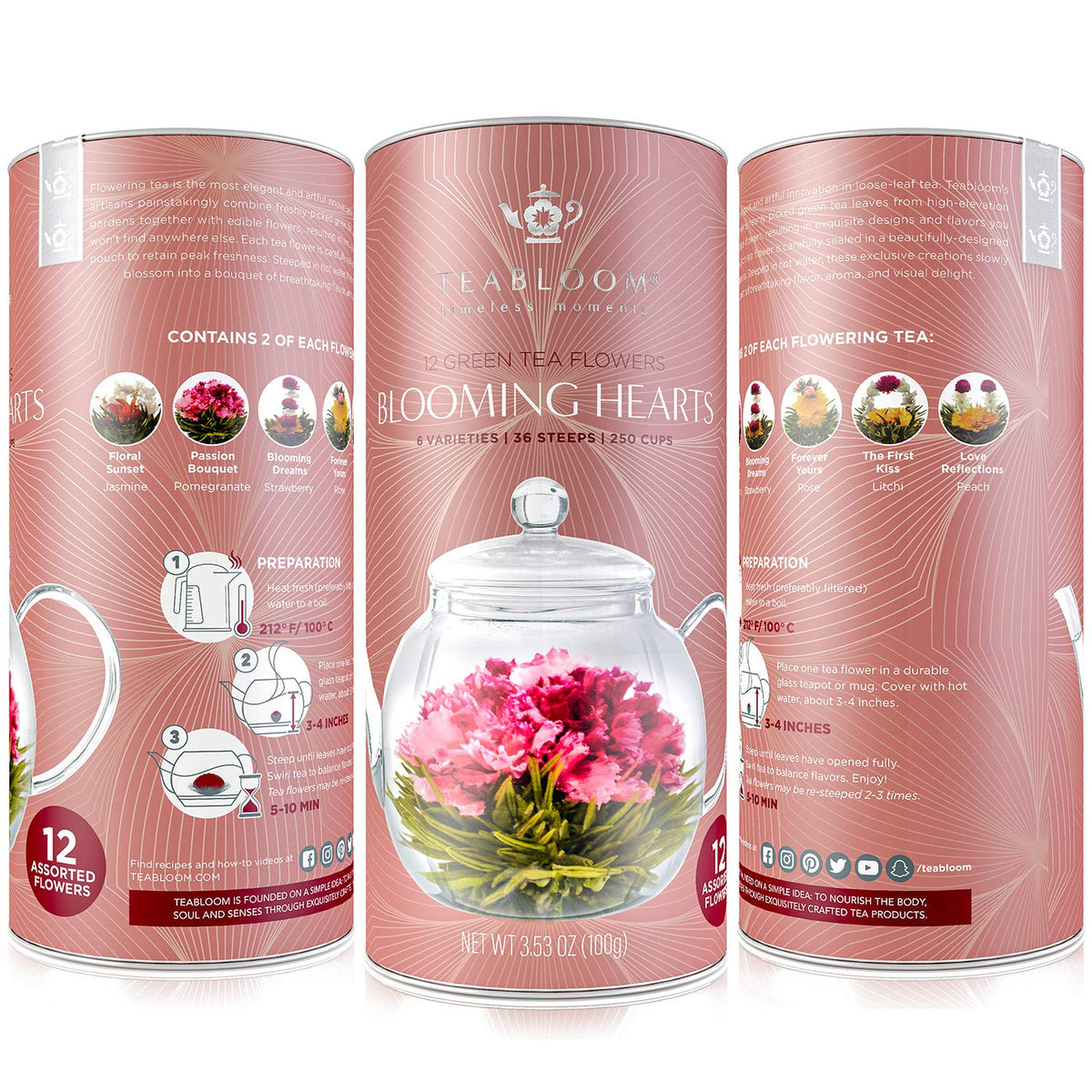 Teabloom Heart-Shaped Flowering Teas – 12 Blooming Tea Flowers Set (Green Tea, Jasmine, Pomegranate, Strawberry, Rose, Lychee & Peach)
