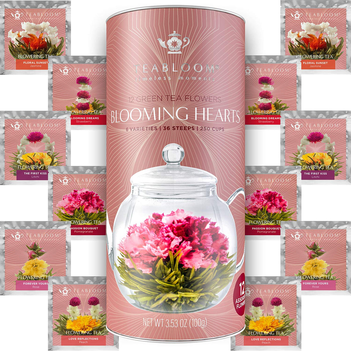 Teabloom Heart-Shaped Flowering Teas – 12 Blooming Tea Flowers Set (Green Tea, Jasmine, Pomegranate, Strawberry, Rose, Lychee & Peach)