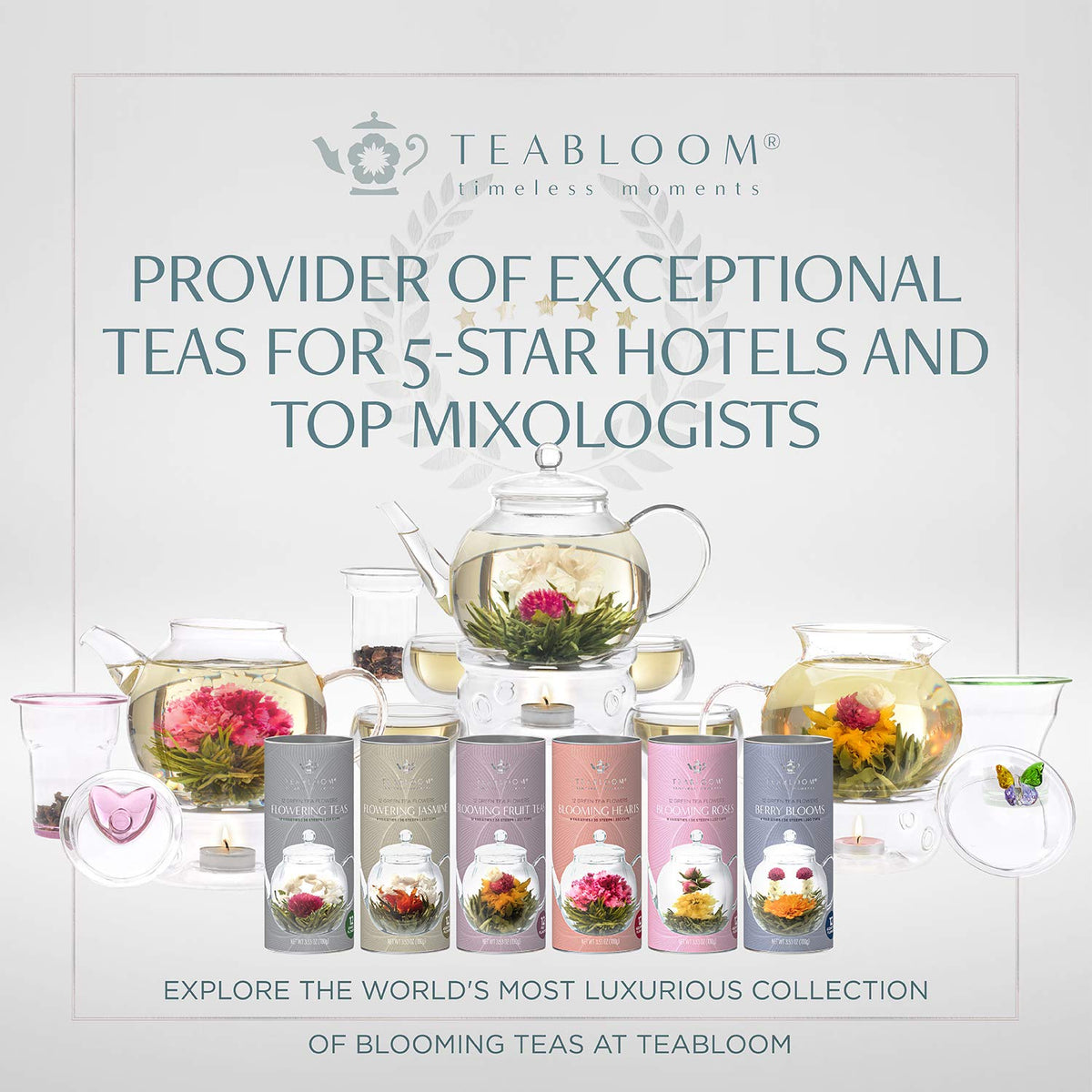 Teabloom Heart-Shaped Flowering Teas – 12 Blooming Tea Flowers Set (Green Tea, Jasmine, Pomegranate, Strawberry, Rose, Lychee & Peach)