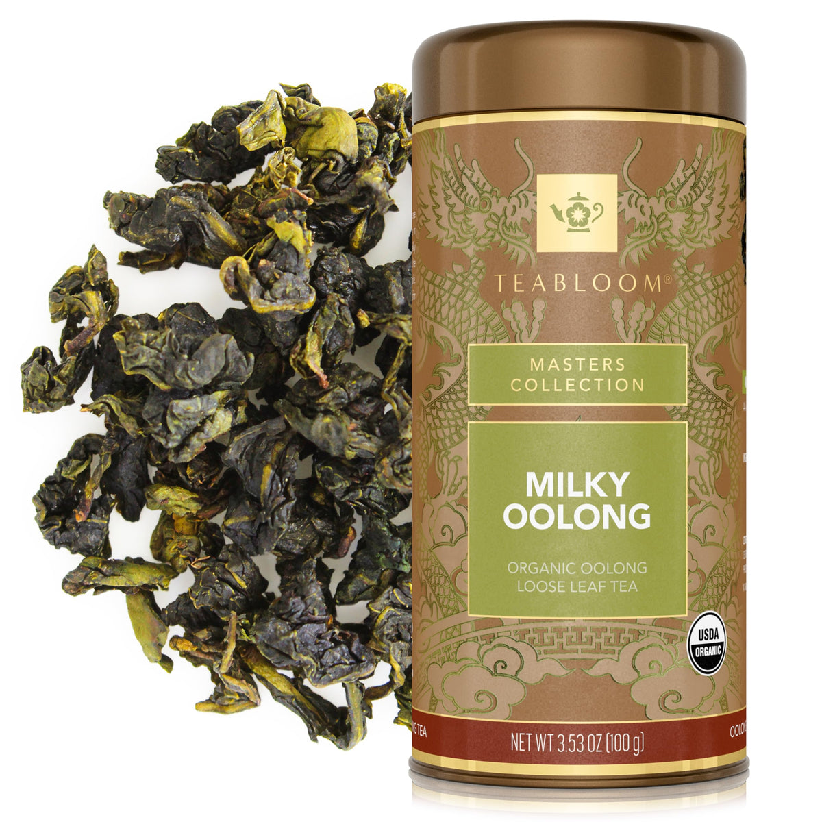 Teabloom Organic Milky Oolong Tea - Loose Leaf, Creamy & Silky Flavor, 3.53 oz / 100 g Canister (35–50 Cups)