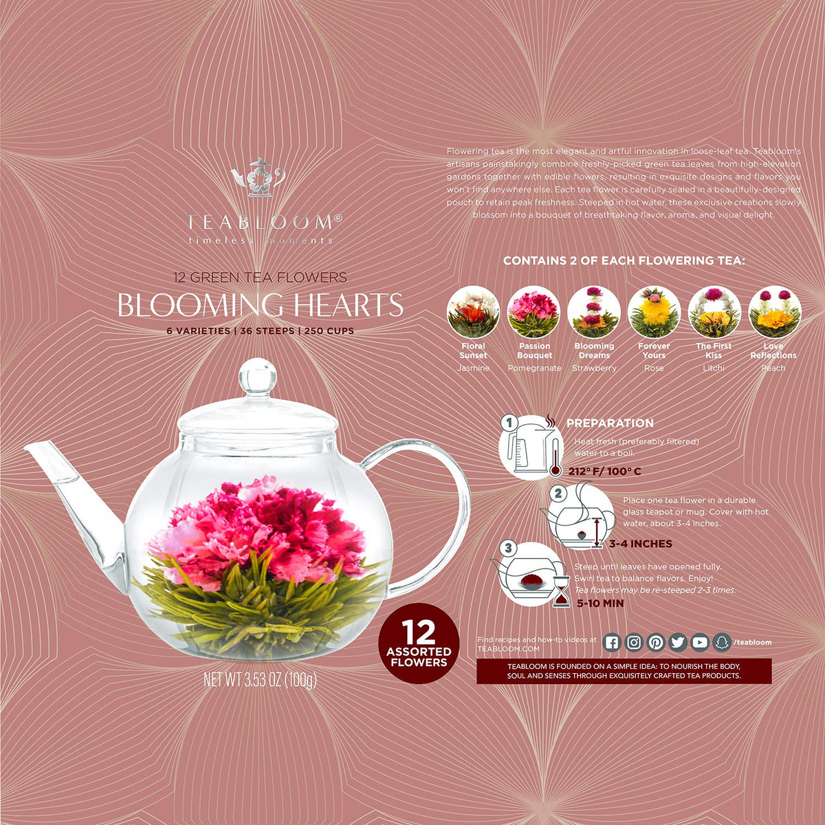 Teabloom Heart-Shaped Flowering Teas – 12 Blooming Tea Flowers Set (Green Tea, Jasmine, Pomegranate, Strawberry, Rose, Lychee & Peach)