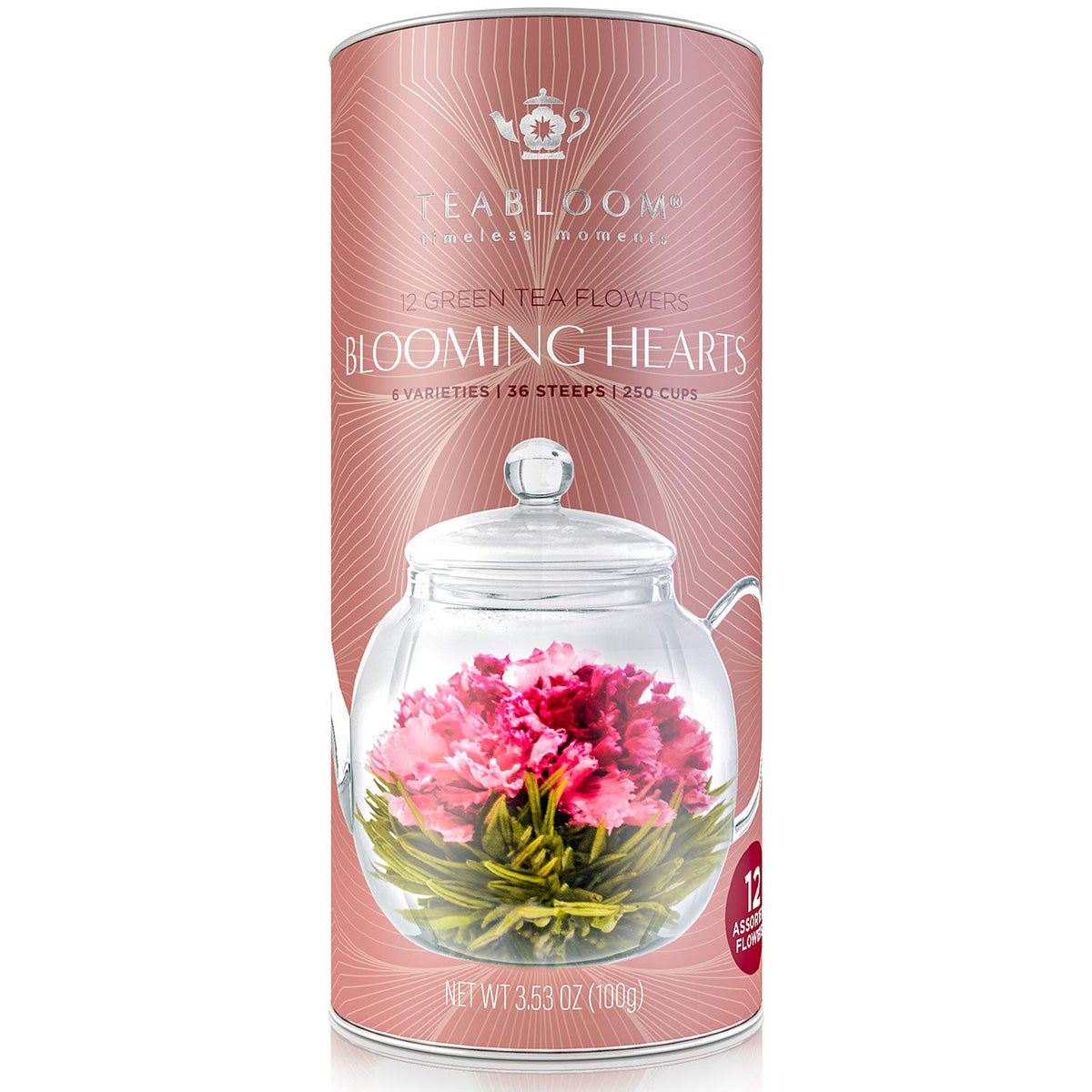 Teabloom Heart-Shaped Flowering Teas – 12 Blooming Tea Flowers Set (Green Tea, Jasmine, Pomegranate, Strawberry, Rose, Lychee & Peach)
