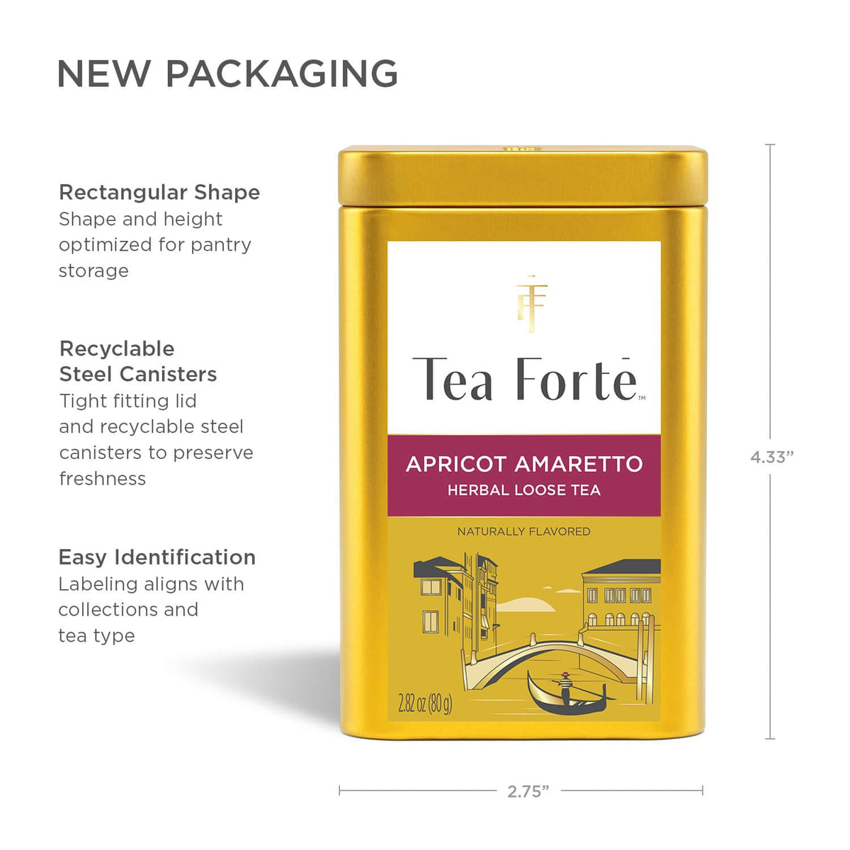 Tea Forte Apricot Amaretto Premium Caffeine-Free Herbal Tea – 35-50 Cups, Recyclable Canister