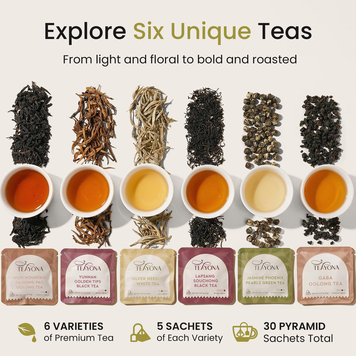Teayona Premium Tea Variety Pack — 6 Whole Leaf Teas in 30 Sachets (Green, Black, Oolong & White)