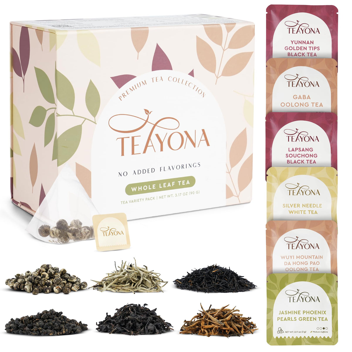 Teayona Premium Tea Variety Pack — 6 Whole Leaf Teas in 30 Sachets (Green, Black, Oolong & White)