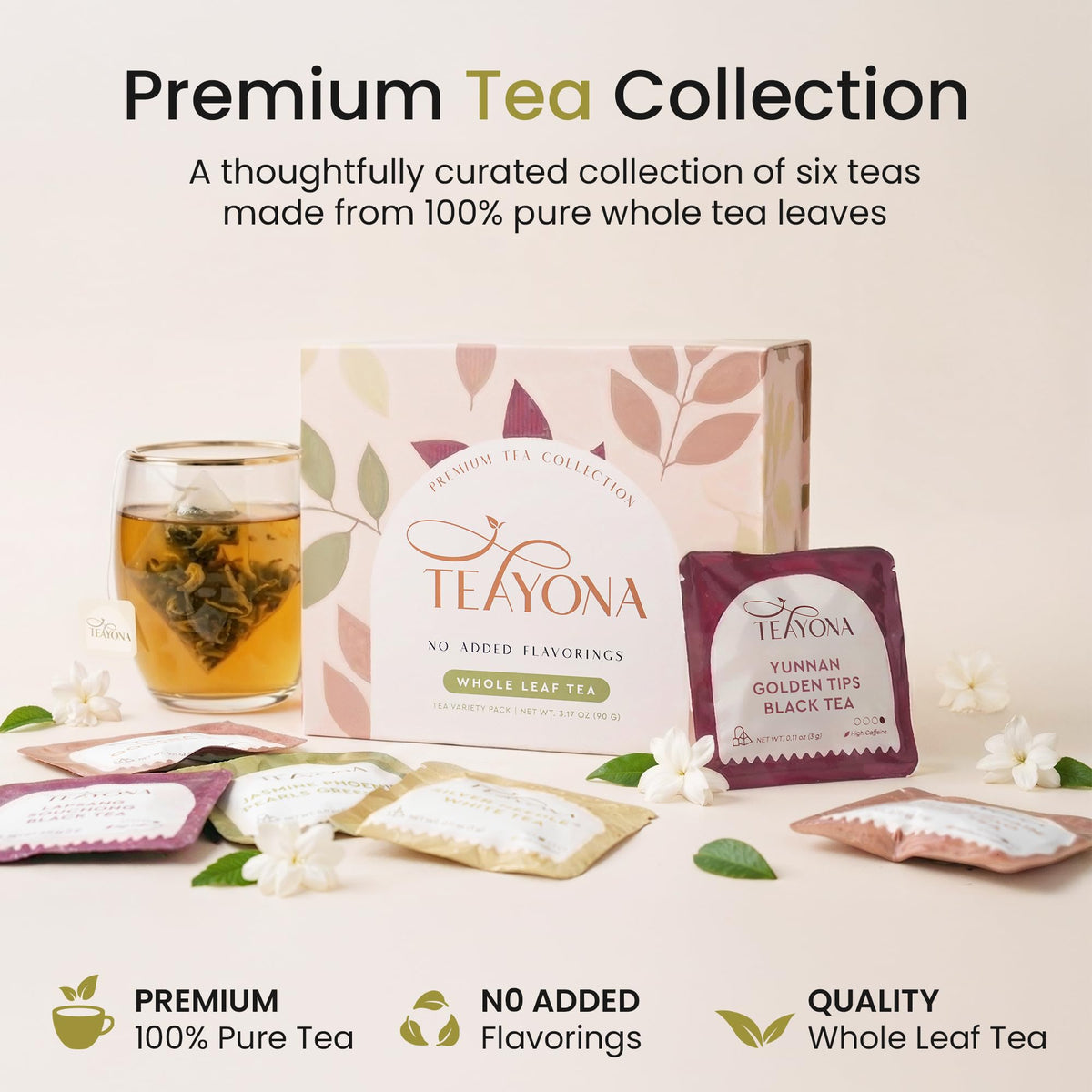 Teayona Premium Tea Variety Pack — 6 Whole Leaf Teas in 30 Sachets (Green, Black, Oolong & White)
