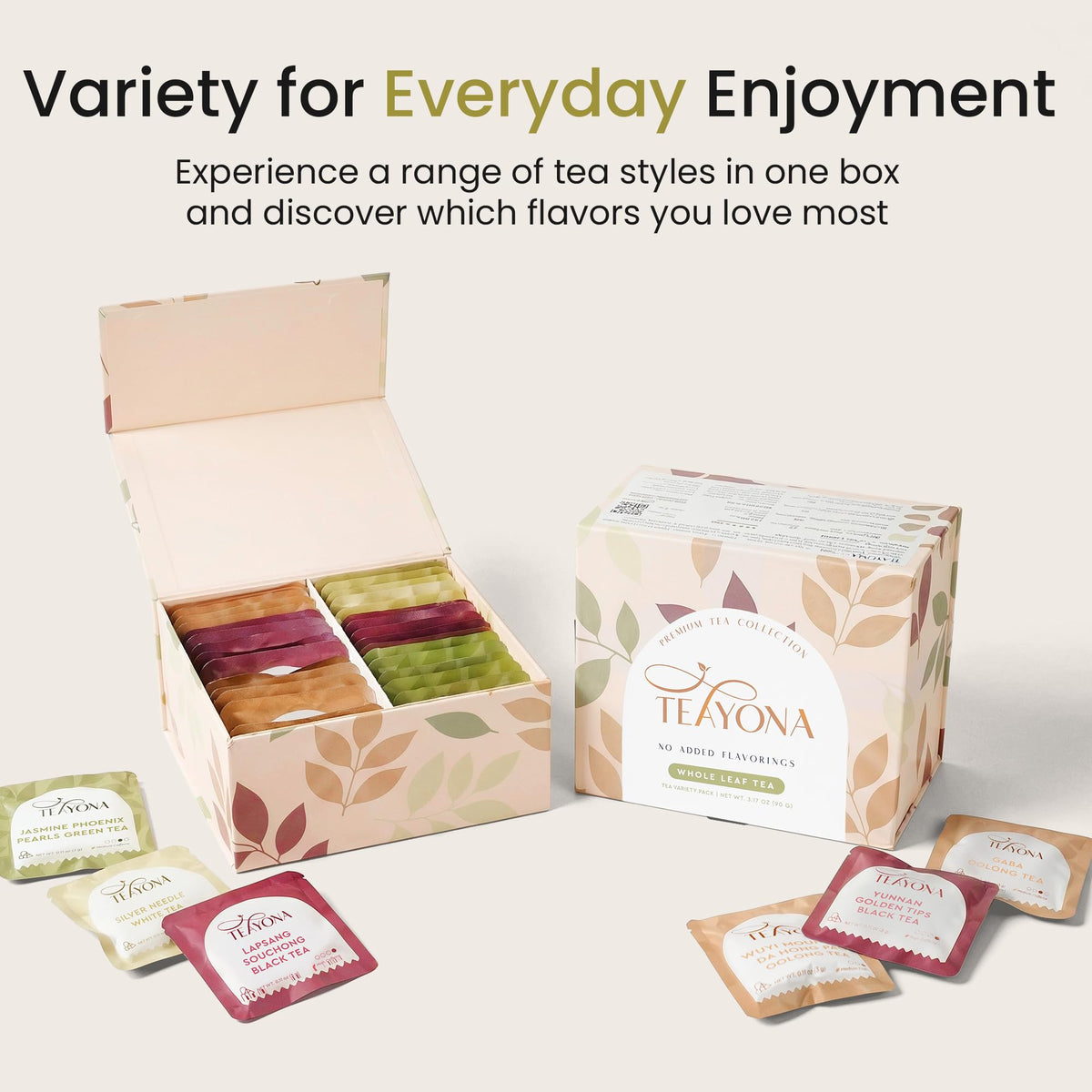 Teayona Premium Tea Variety Pack — 6 Whole Leaf Teas in 30 Sachets (Green, Black, Oolong & White)