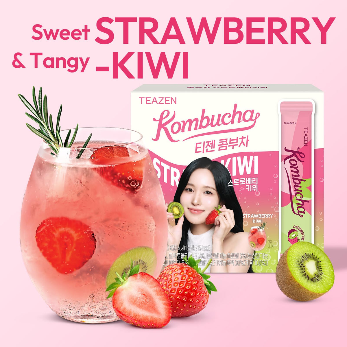 TEAZEN Strawberry Kiwi Kombucha Powder – Hydration Drink Mix, Sugar Free, Probiotics, On-the-Go 30 Packets, 5.29 oz