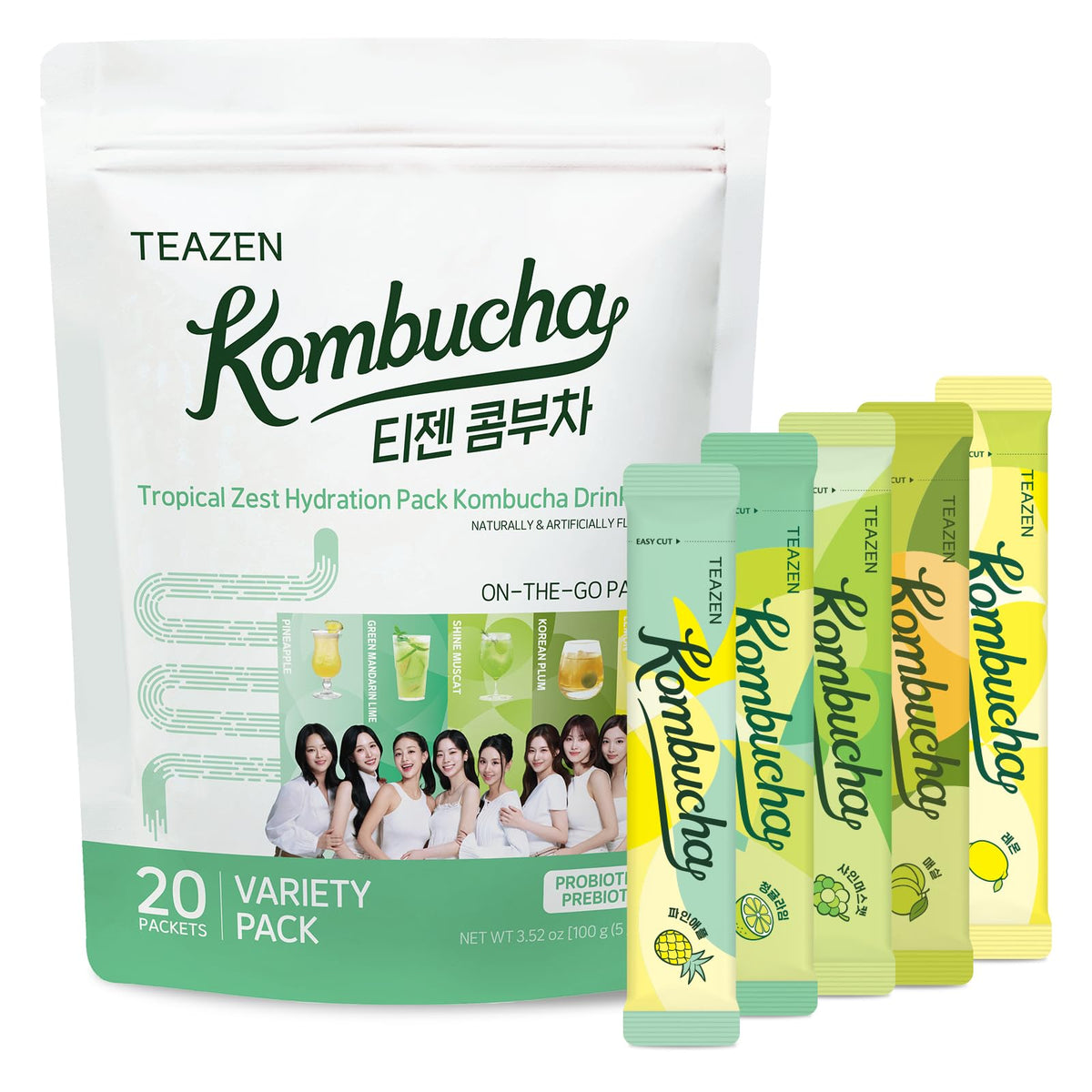 TEAZEN Kombucha Tropical Zest Hydration Variety Pack – 20 Sticks, 5 Flavors