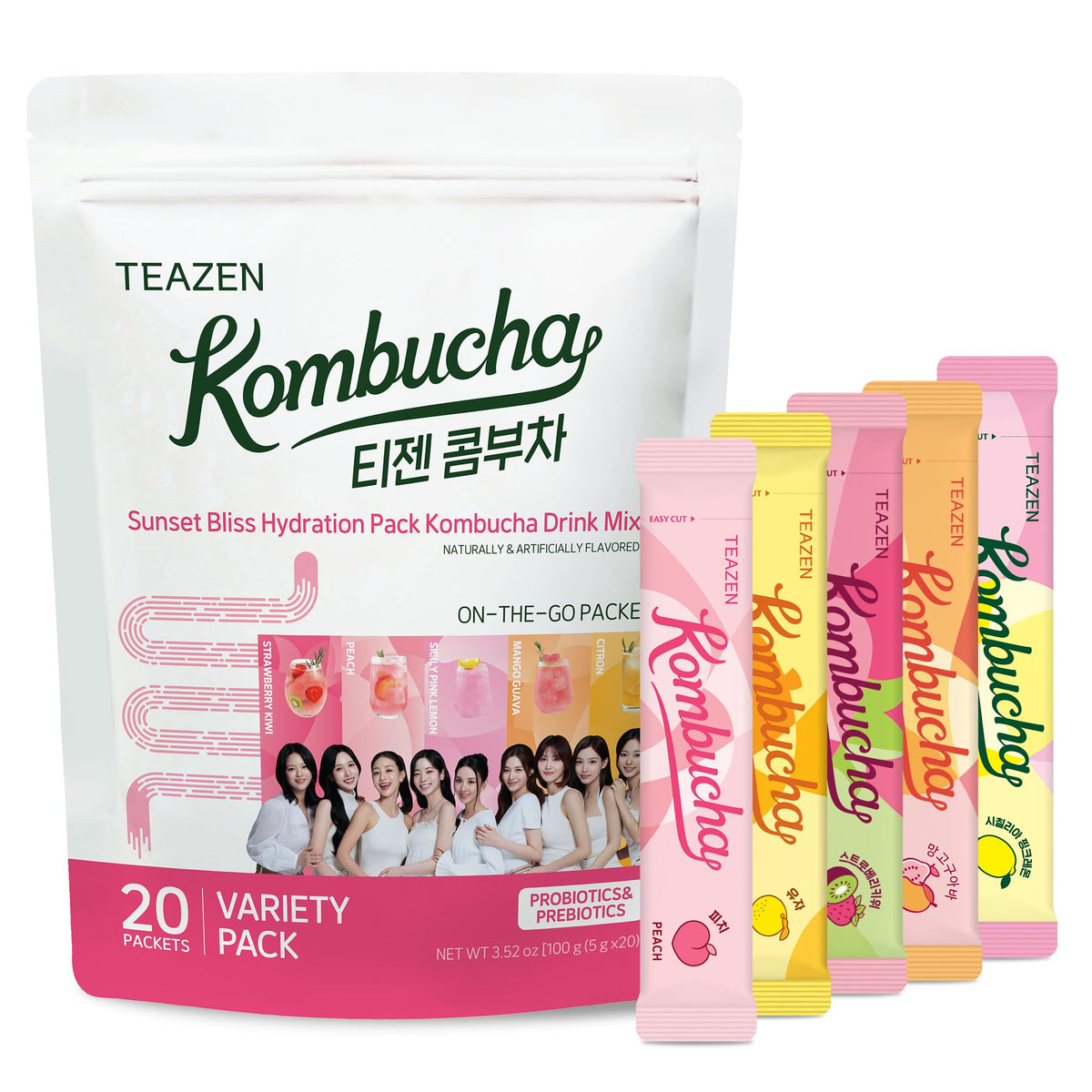 TEAZEN Sunset Bliss Hydration Variety Pack – 20 On-the-Go Kombucha Sticks, 5 Flavors