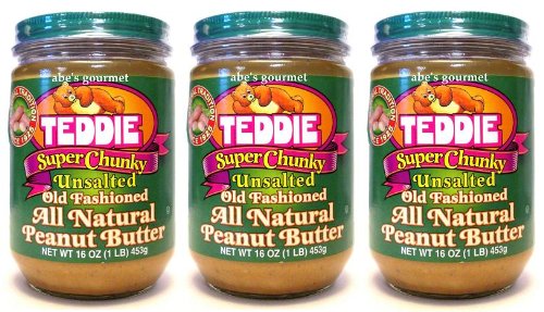 Teddie All Natural Peanut Butter – Unsalted, Gluten Free & Vegan, 3-Pack Super Chunky Jar
