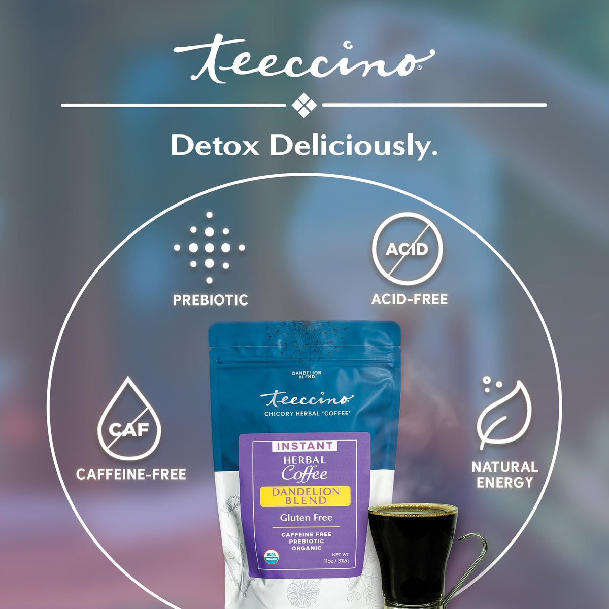 Teeccino Instant Organic Dandelion Blend – Gluten-Free, Caffeine-Free, Prebiotic, Acid-Free (104 Servings)