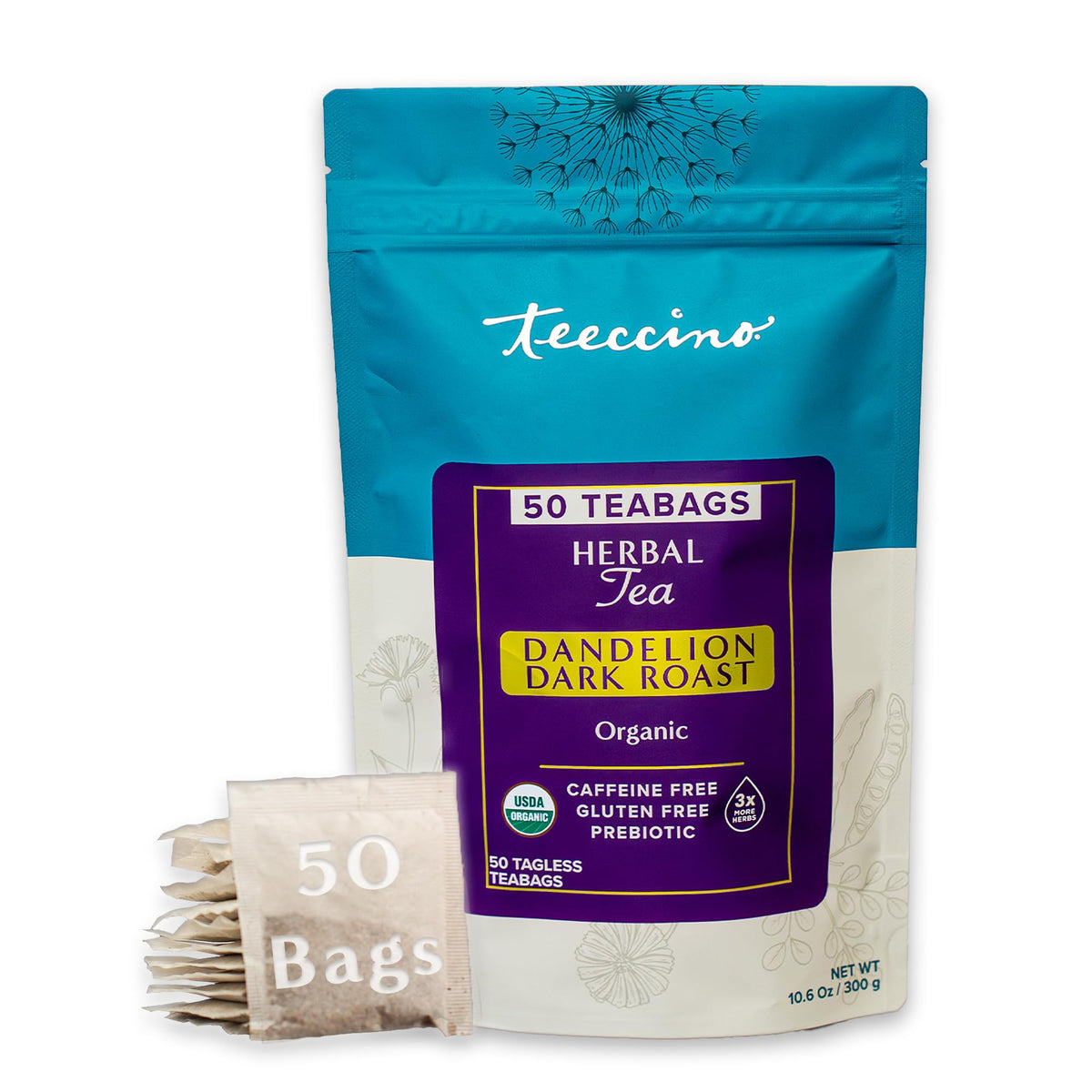 Teeccino Dandelion Herbal Tea – Dark Roast, Caffeine Free, 50 Tagless Eco-Friendly Tea Bags