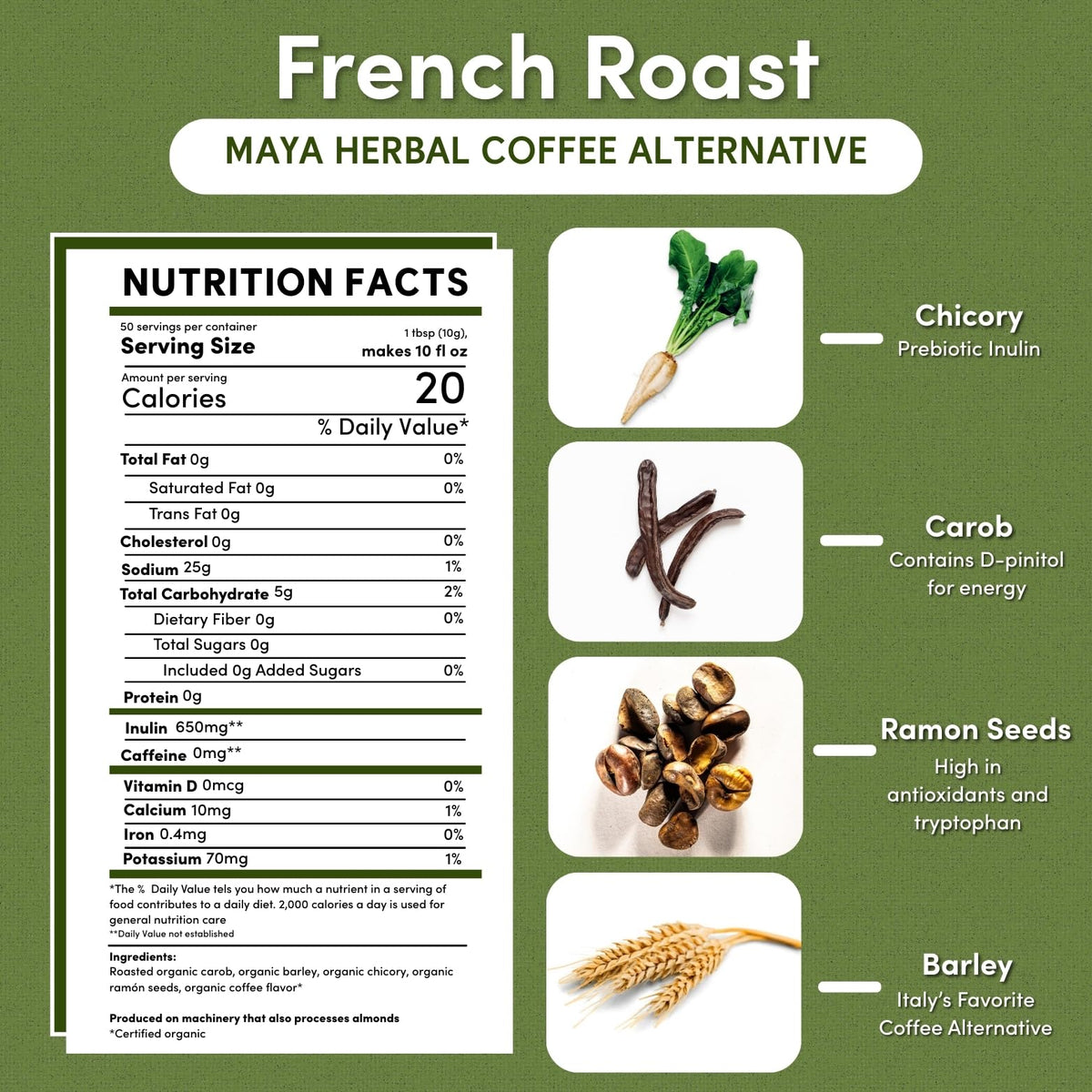 Teeccino French Roast Chicory Coffee Alternative Ground 1.1 lb – Prebiotic & Caffeine Free