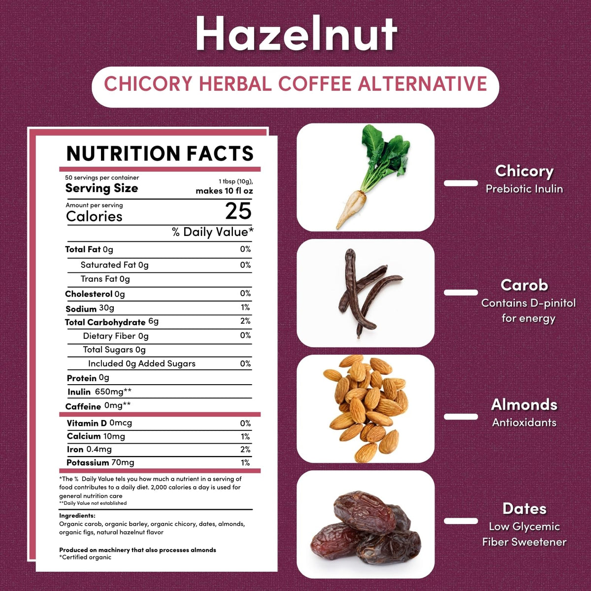 Teeccino Hazelnut Chicory Coffee Alternative – 1.1 lb, Caffeine Free & Acid Free