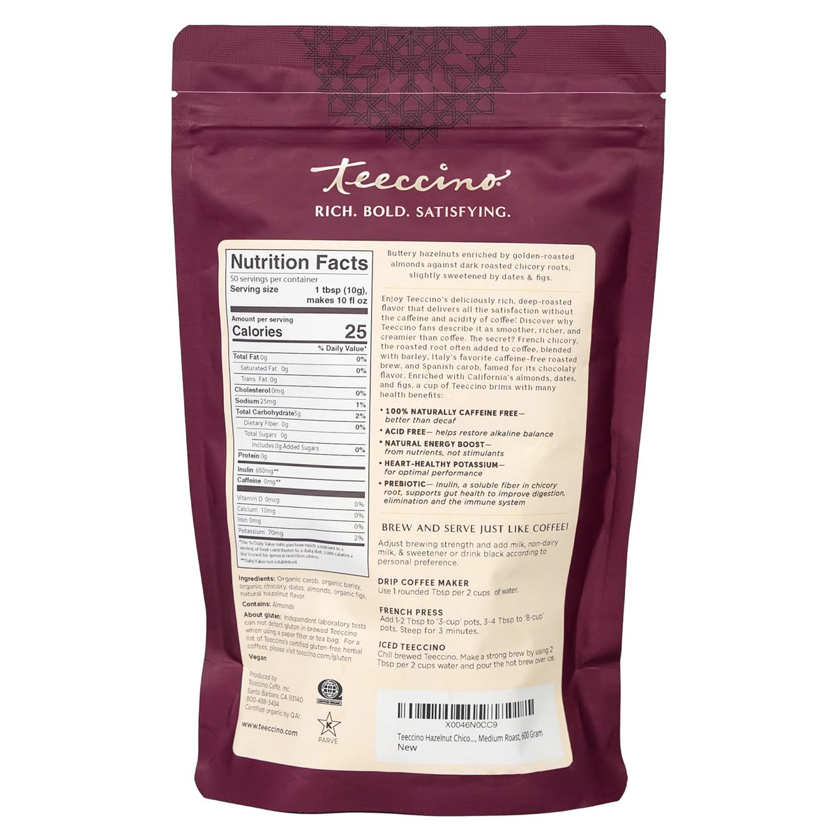 Teeccino Hazelnut Chicory Coffee Alternative – 1.1 lb, Caffeine Free & Acid Free