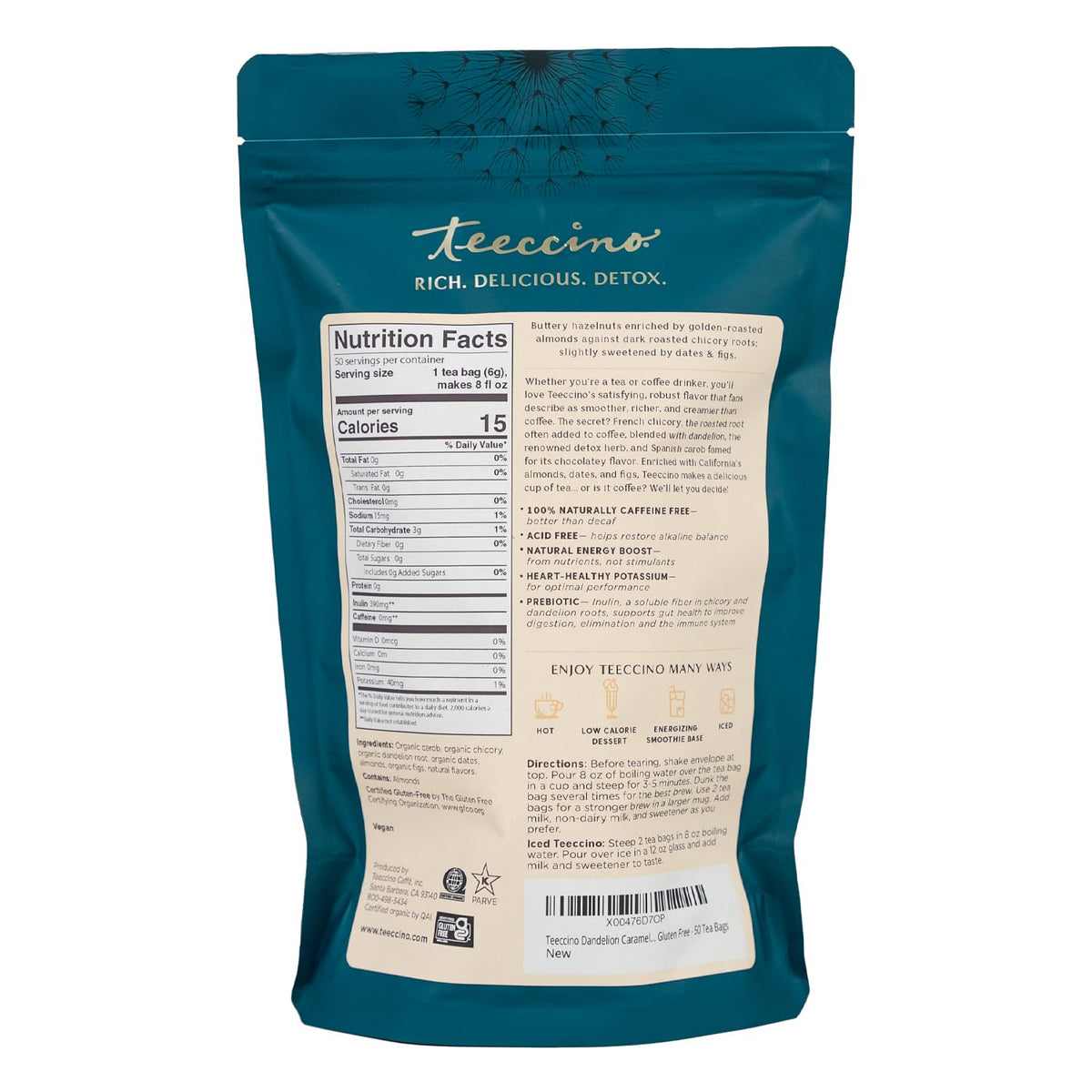 Teeccino Dandelion Caramel Nut Tea – Caffeine Free Herbal Tea with Prebiotics, 3x More Herbs, Gluten Free, 50 Tagless Bags