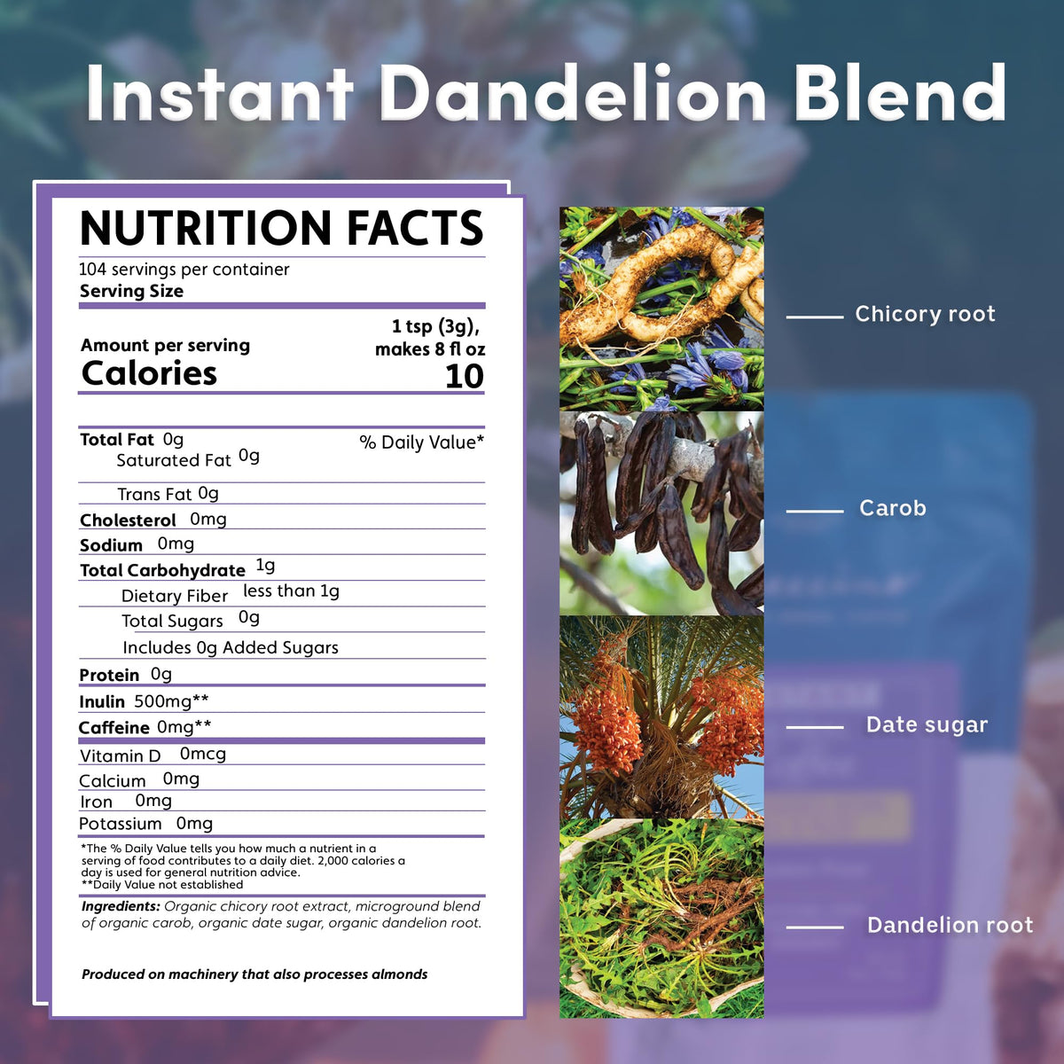 Teeccino Instant Organic Dandelion Blend – Gluten-Free, Caffeine-Free, Prebiotic, Acid-Free (104 Servings)